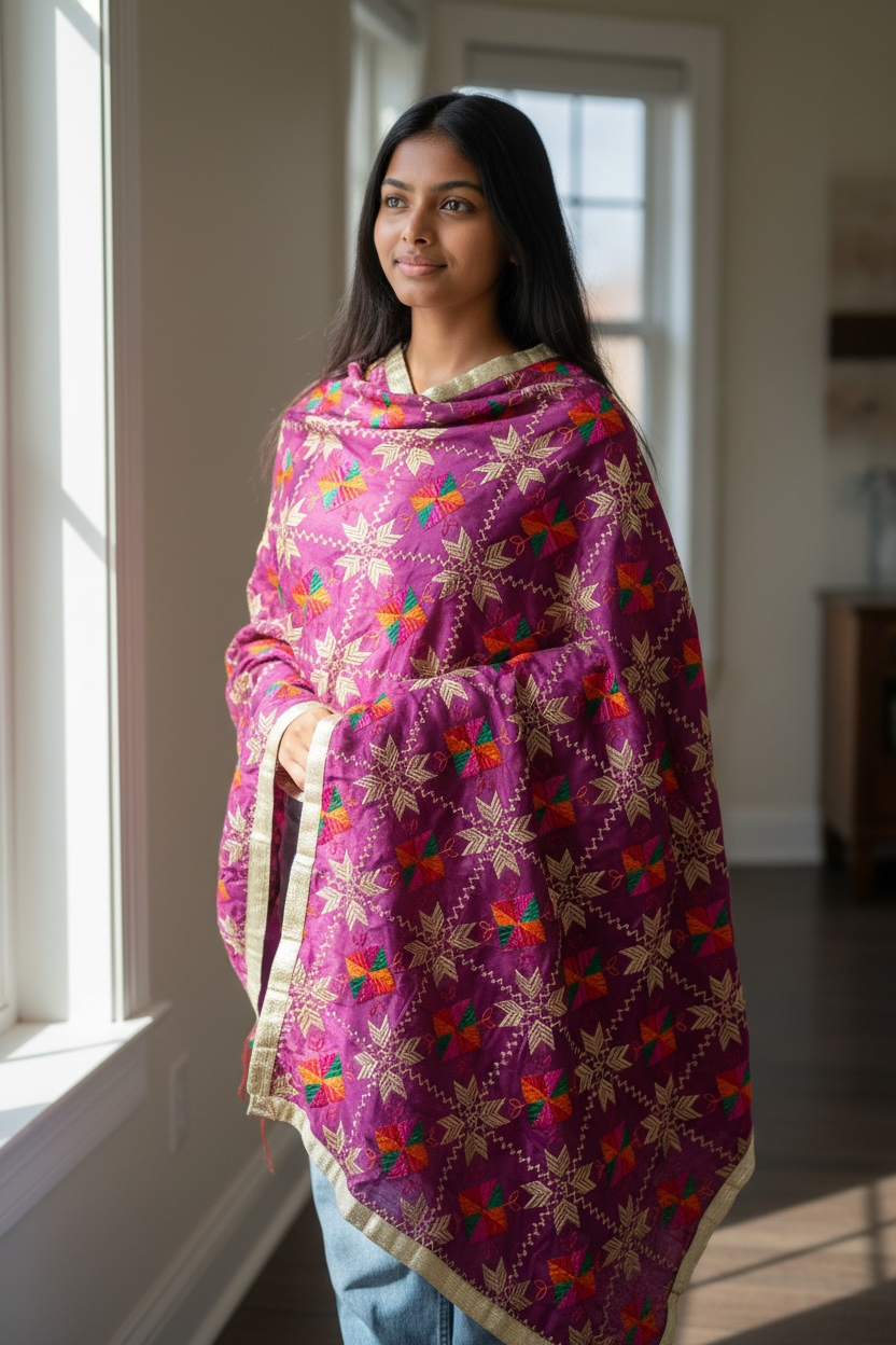 Wine Colour Phulkari Dupatta