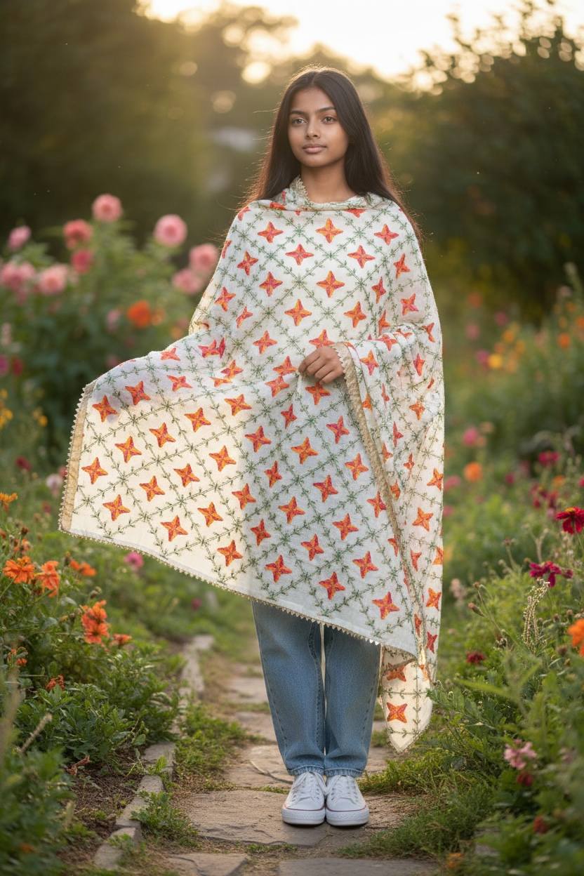 White Phulkari Dupatta