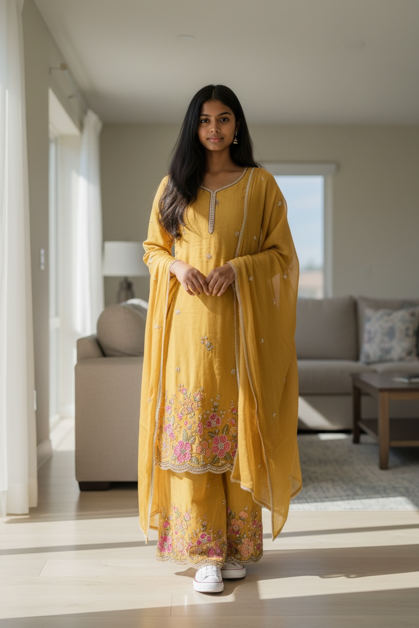 Yellow Shimmer Sharara Suit with Pearl and Thread Work