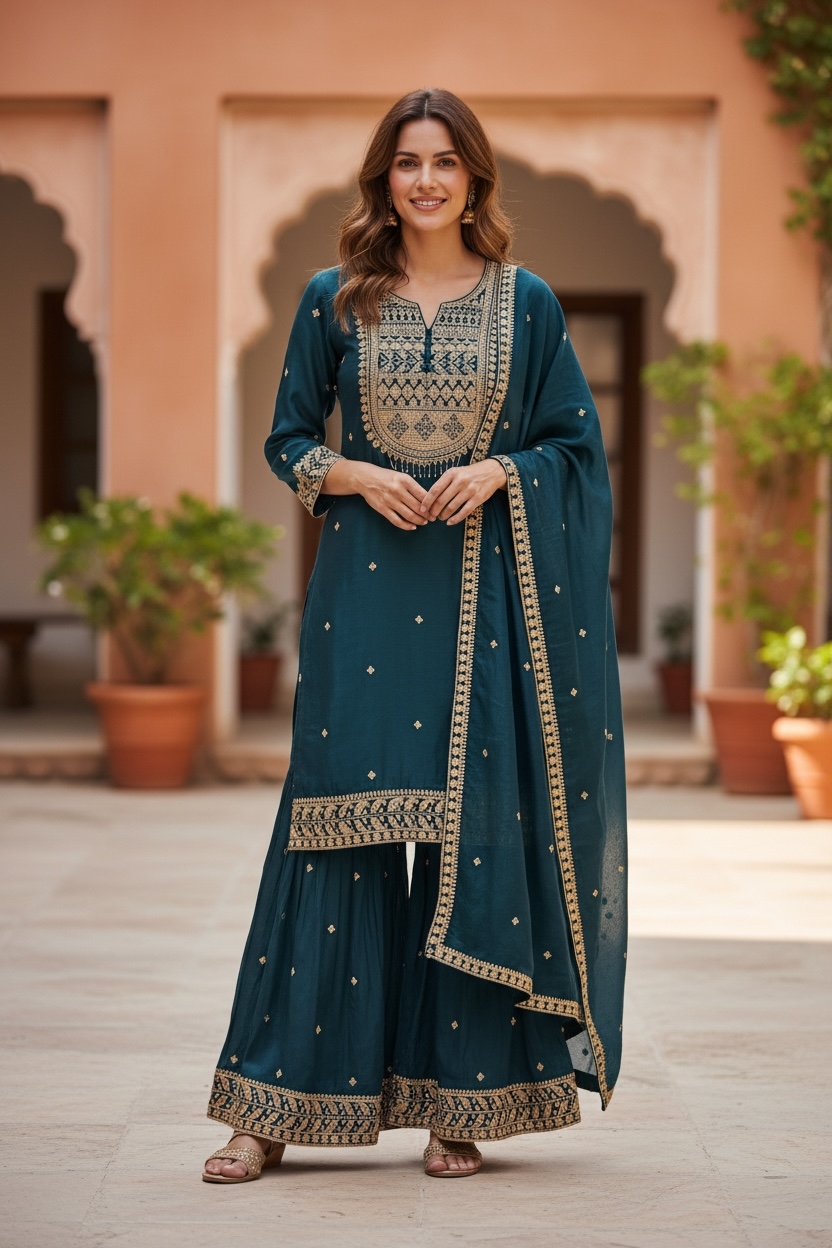 Peacock Gharara Suit in Chinon