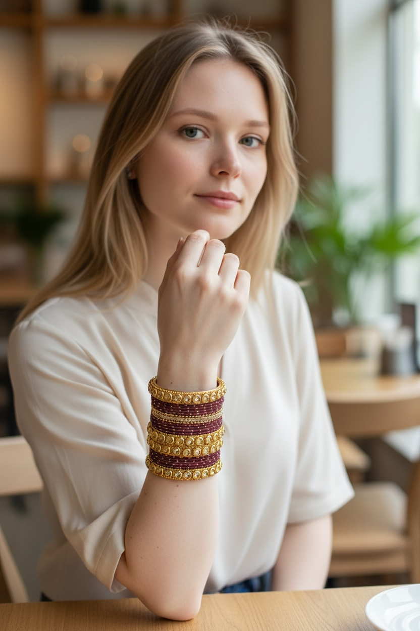 Maroon Bangles with golden kare