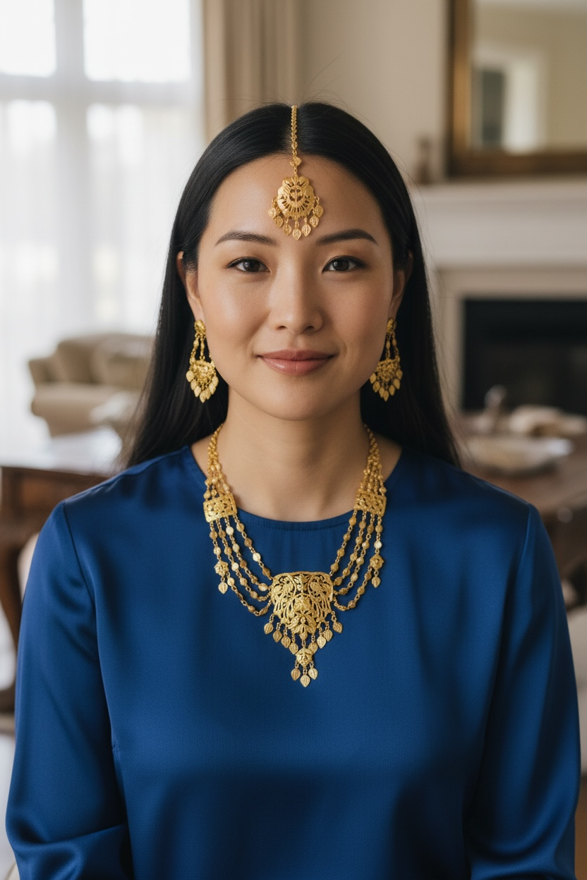 Long mala Gold Plated with earrings and tikka