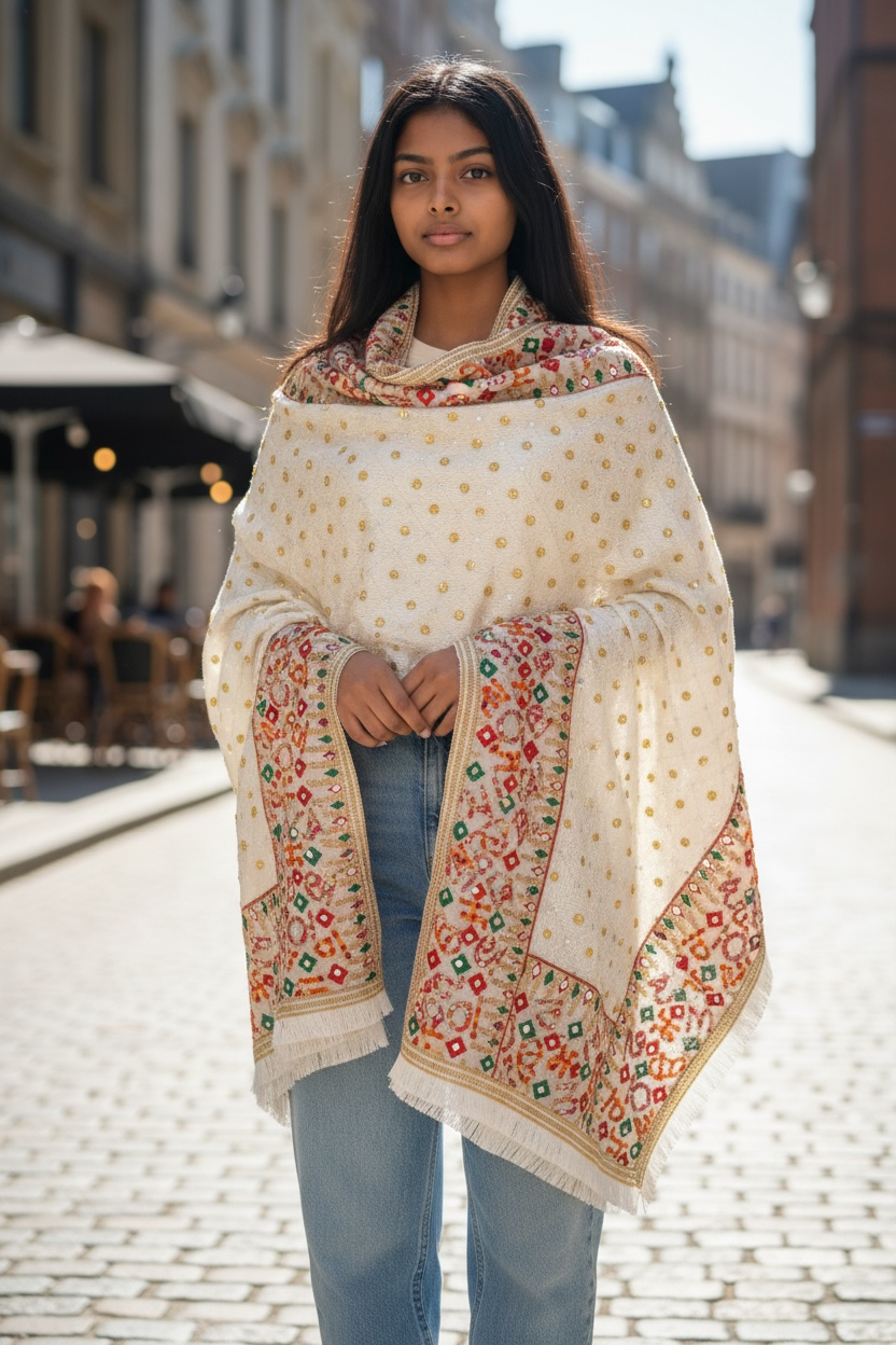 White Phulkari with Punjabi Alphabet
