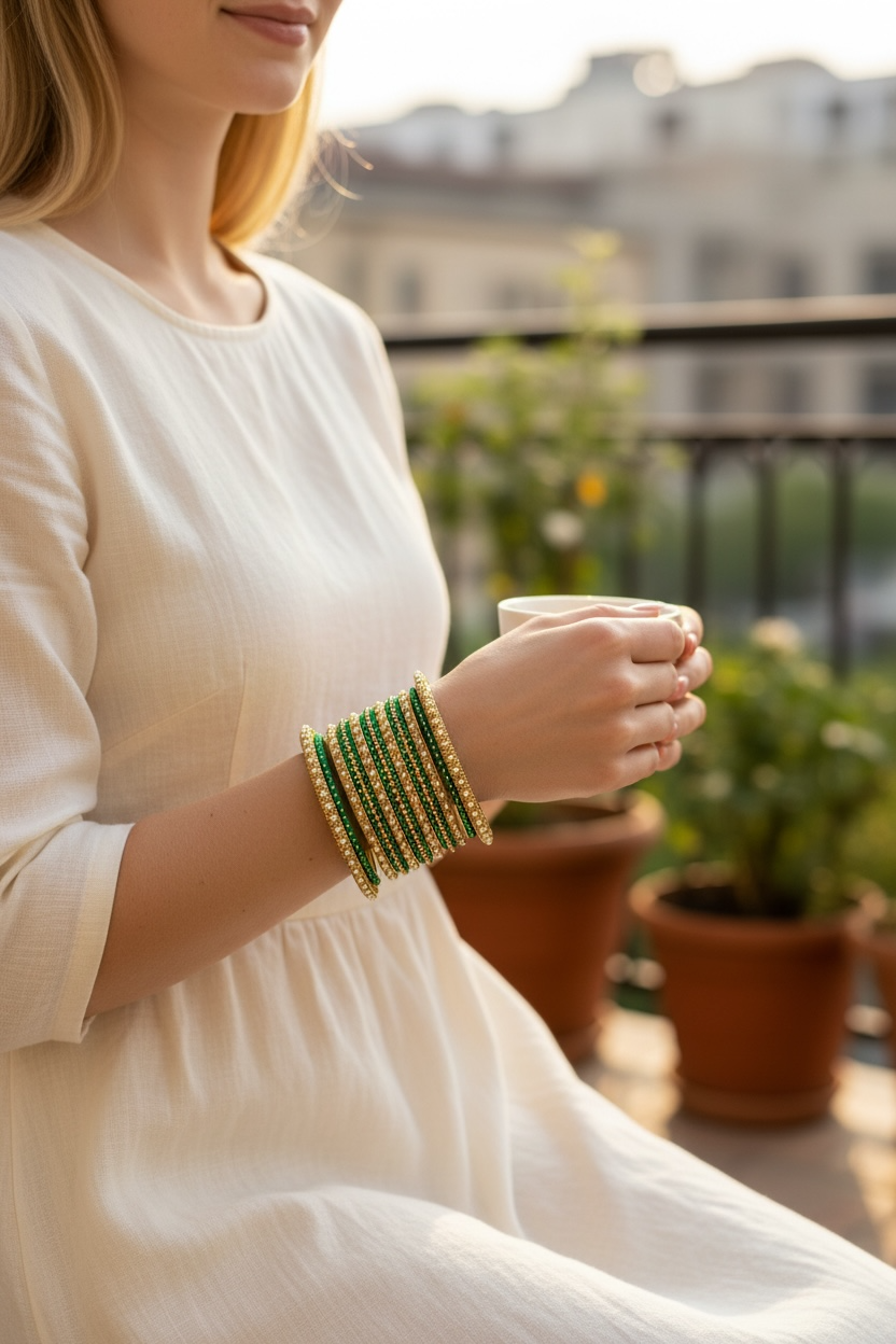 Green Bangles with Pearls and Stones