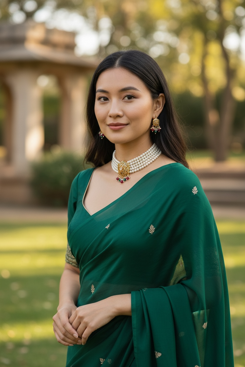 Red Green Pearl Choker with studs and tikka