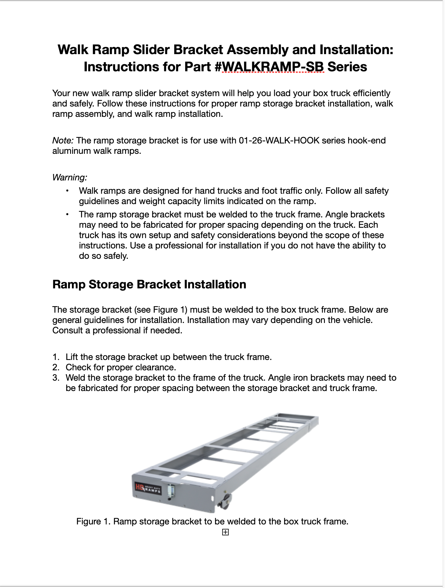Walk ramp slider bracket instruction manual - revised from original, applying additional technical formatting