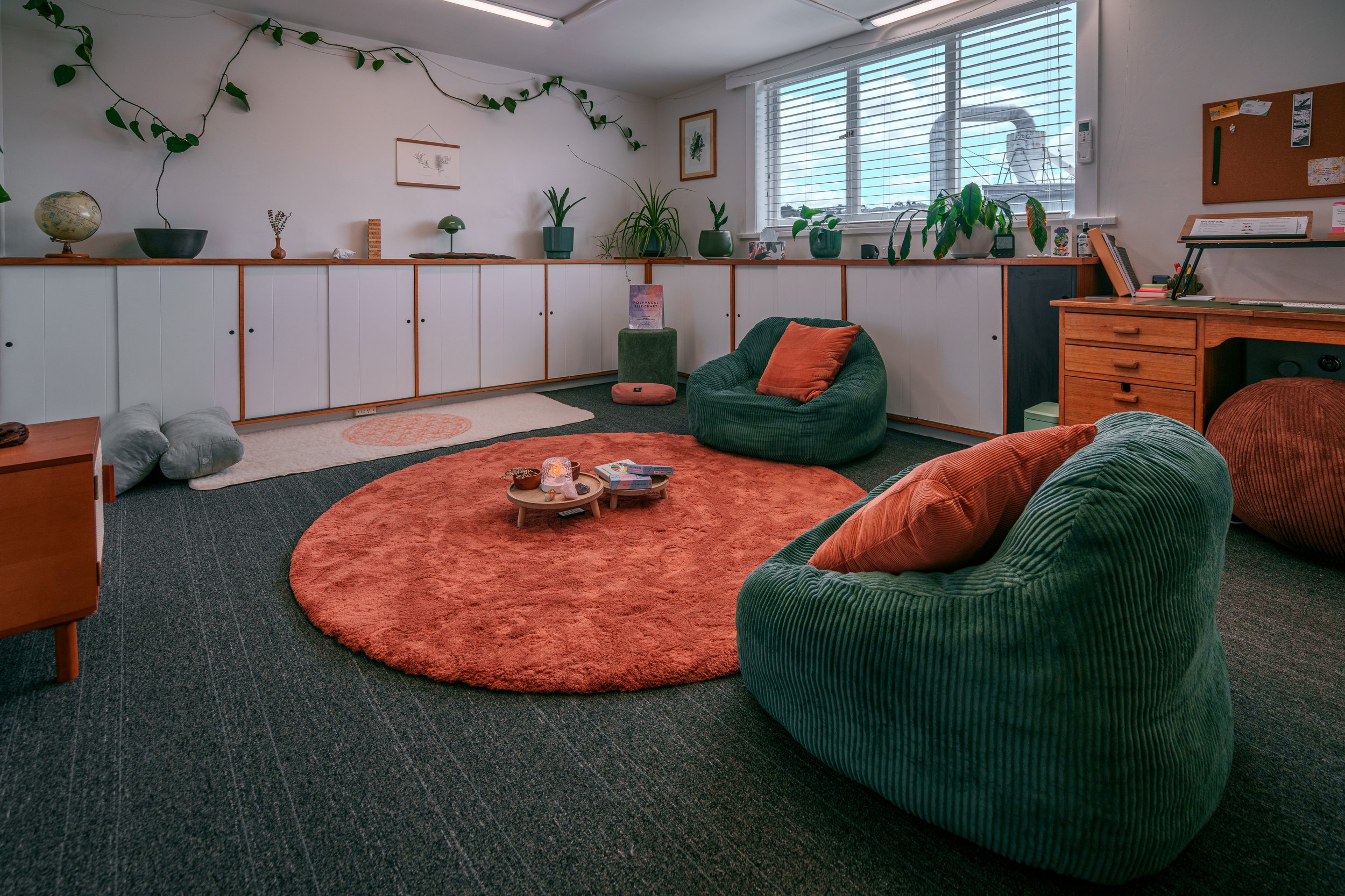 Somatic and embodiment therapy room at ROR Therapy Hobart — spacious, light-filled space for mindfulness, movement and nervous-system regulation