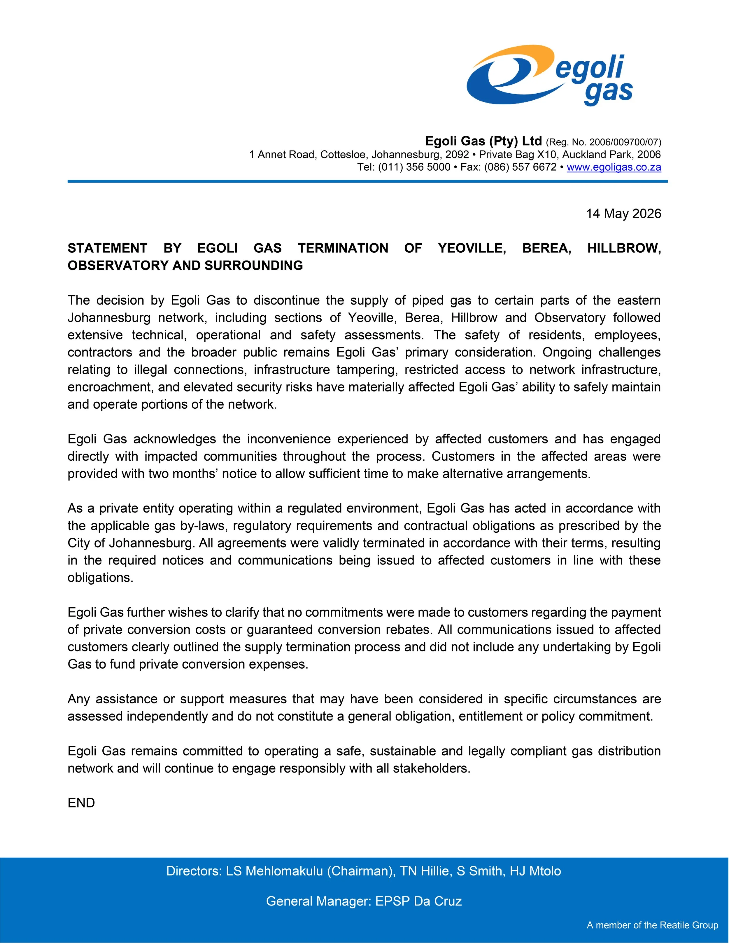 TERMINATION OF AREA'S