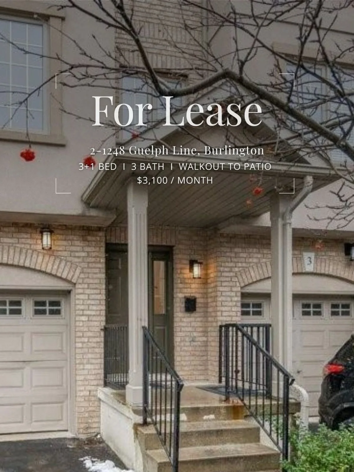 🏡 FOR LEASE | Burlington
💰 $3,100 / month
📅 Available April 1, 2026

Welcome to this well-kept multi-level townhome offering a functional, inviting layout perfect for everyday living.

✨ What you&rsquo;ll love:
&bull; Private ground-level entrance