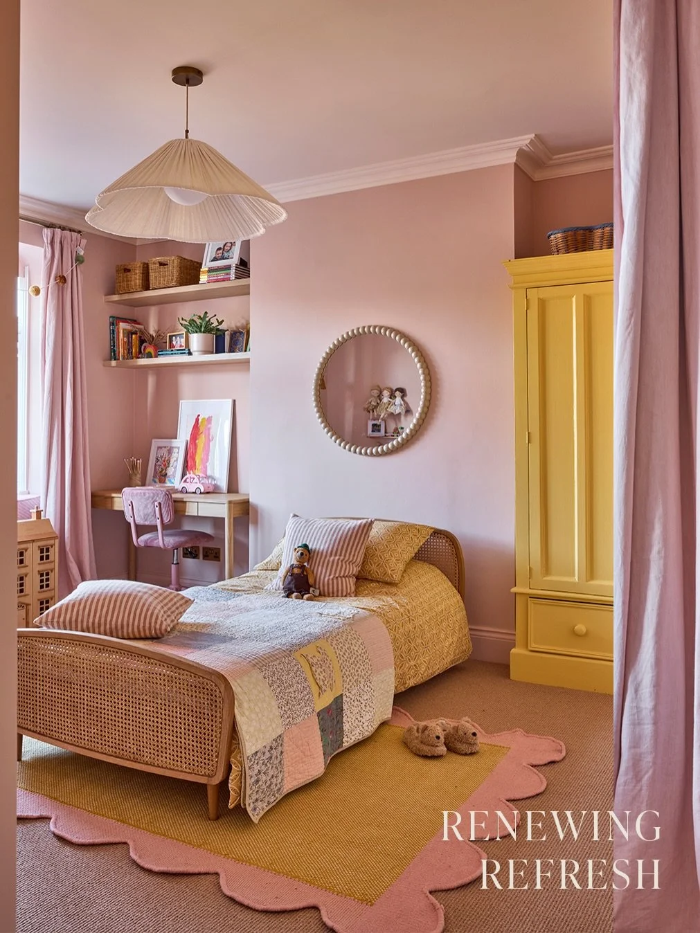 Natural woven woods set against a bold colour backdrop makes all the difference. Two tone, mature pinks allow for an adaptable room with a few pops of yellow for moments of fun in equal measure. A lot of the things that make this room special were al