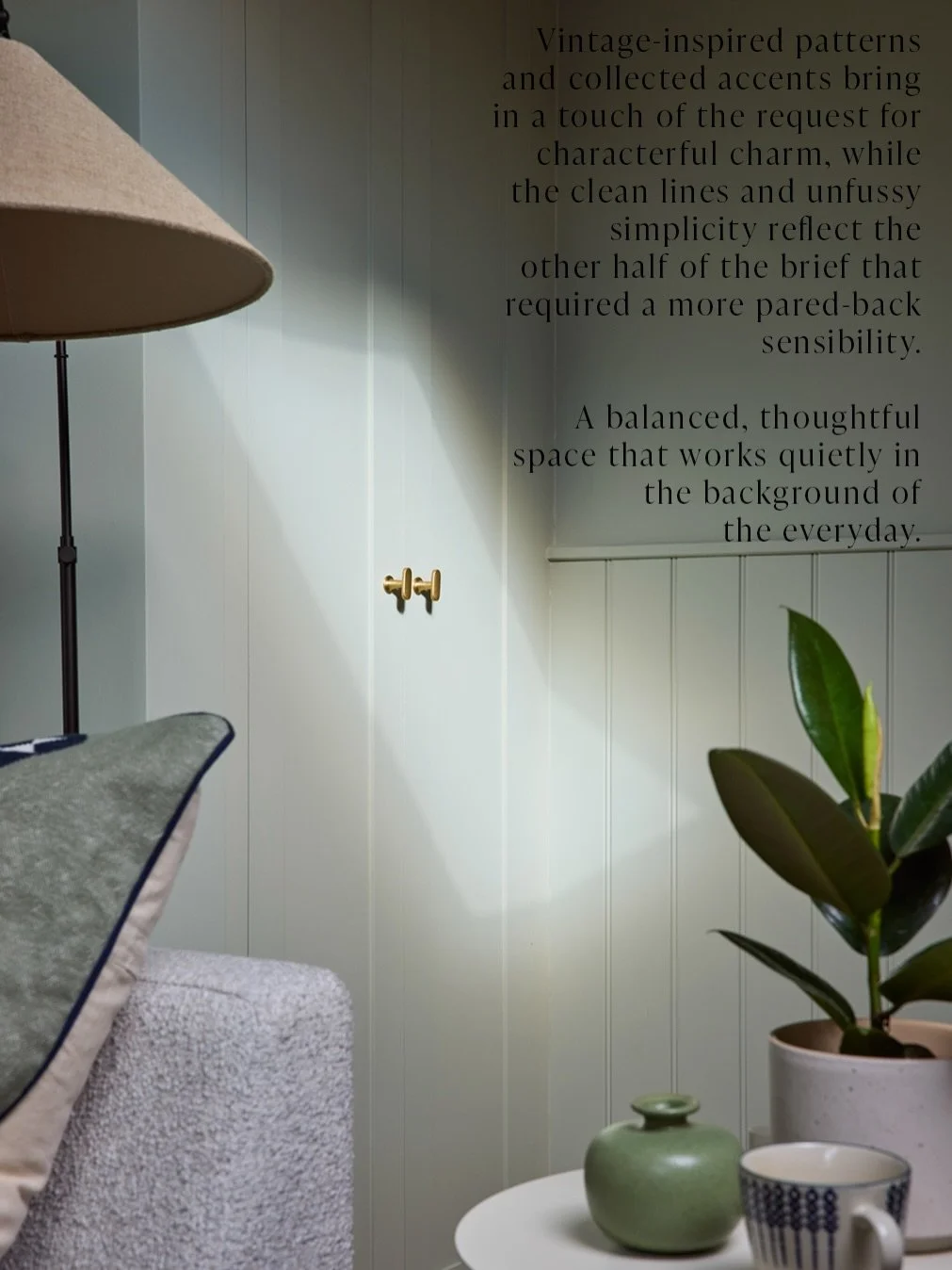 The original moodboard paired muted sage and creamy neutrals with warm timber and natural woven textures to create a calm, cohesive backdrop to hosting and multifunctional family usage. Vintage-inspired patterns and collected accents bring in a touch