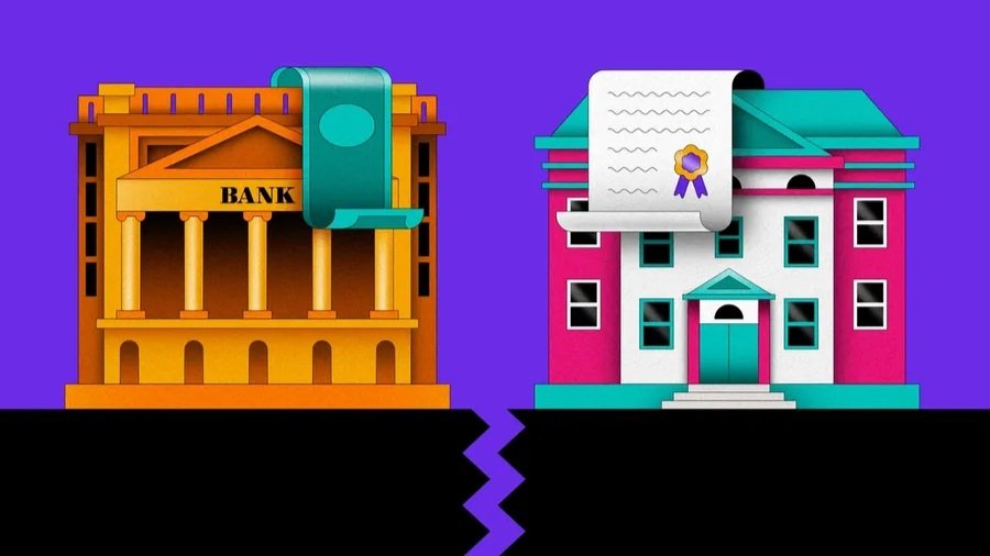 illustration of a financial institution and a education institution split up