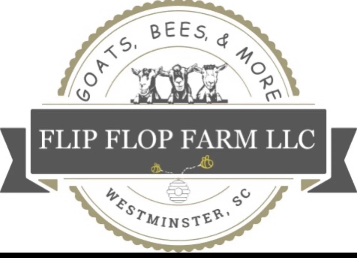Logo for Flip Flop Farm LLC featuring goats, bees, and more, based in Westminster, South Carolina.