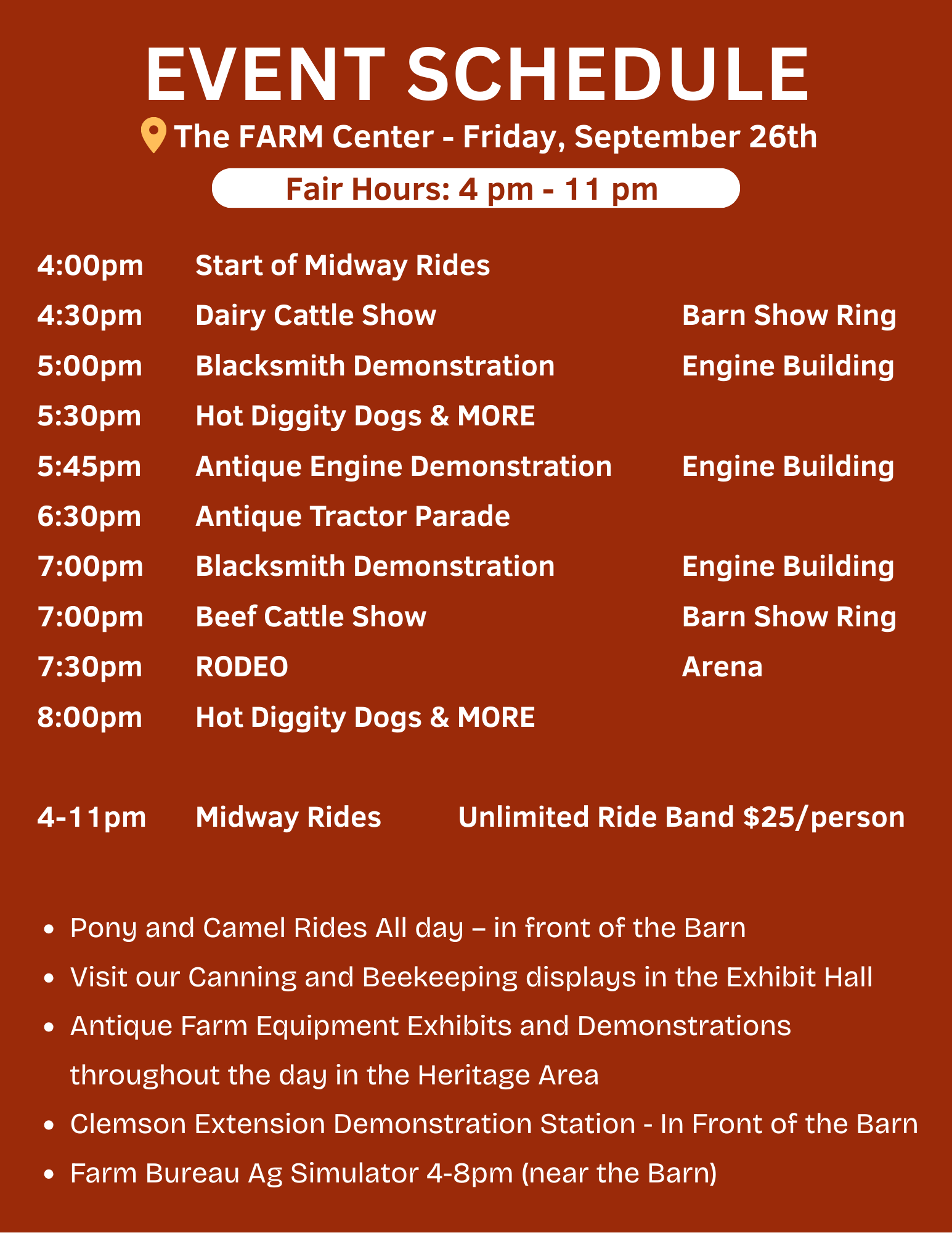 Event schedule poster for The FARM Center on September 26th from 4 pm to 11 pm, listing various activities including rides, demonstrations, shows, and exhibits.