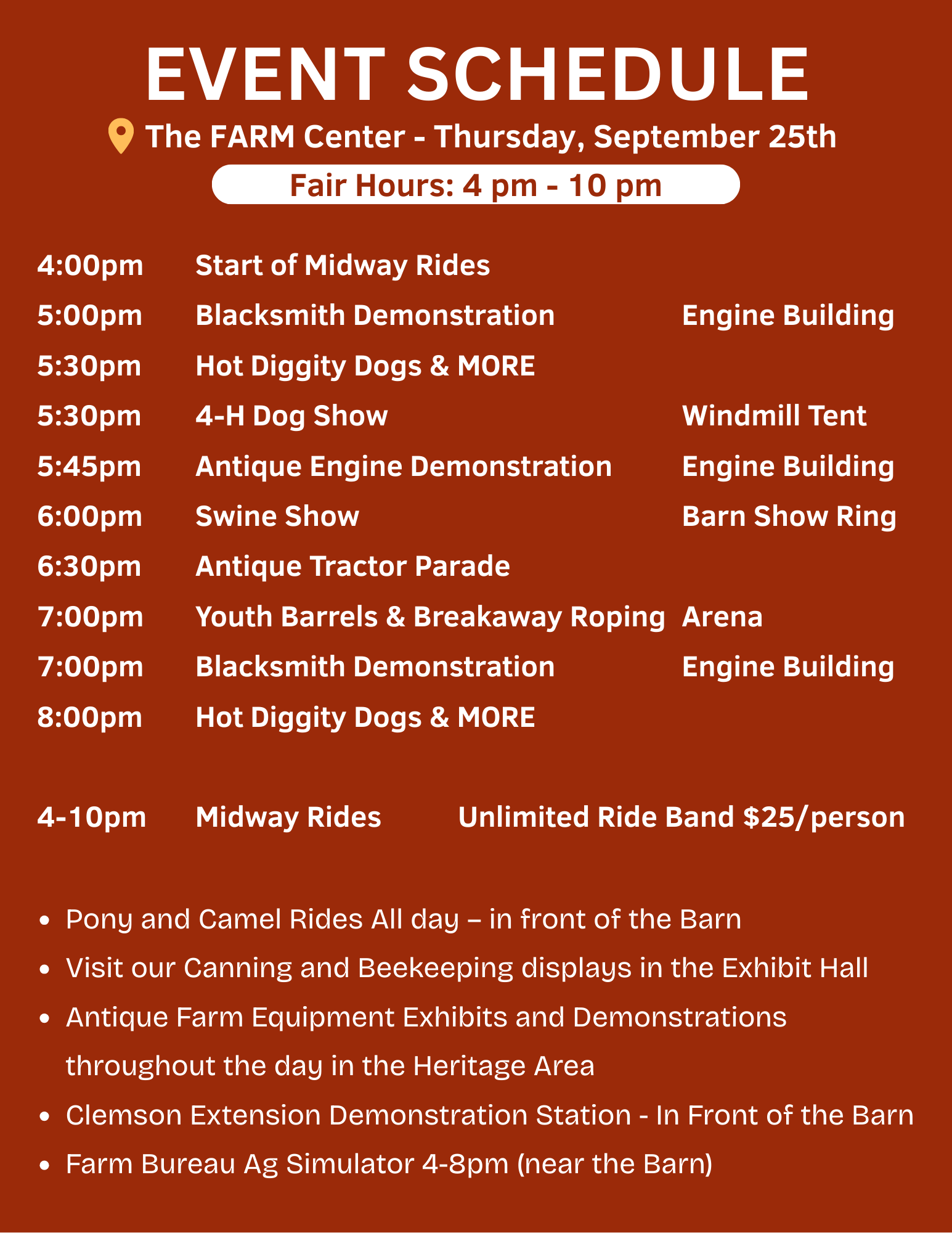 Event schedule poster for The FARM Center on Thursday, September 25th, with fair hours from 4 pm to 10 pm, listing various activities including rides, demonstrations, shows, displays, and a band, all on a brown background with white and yellow text.