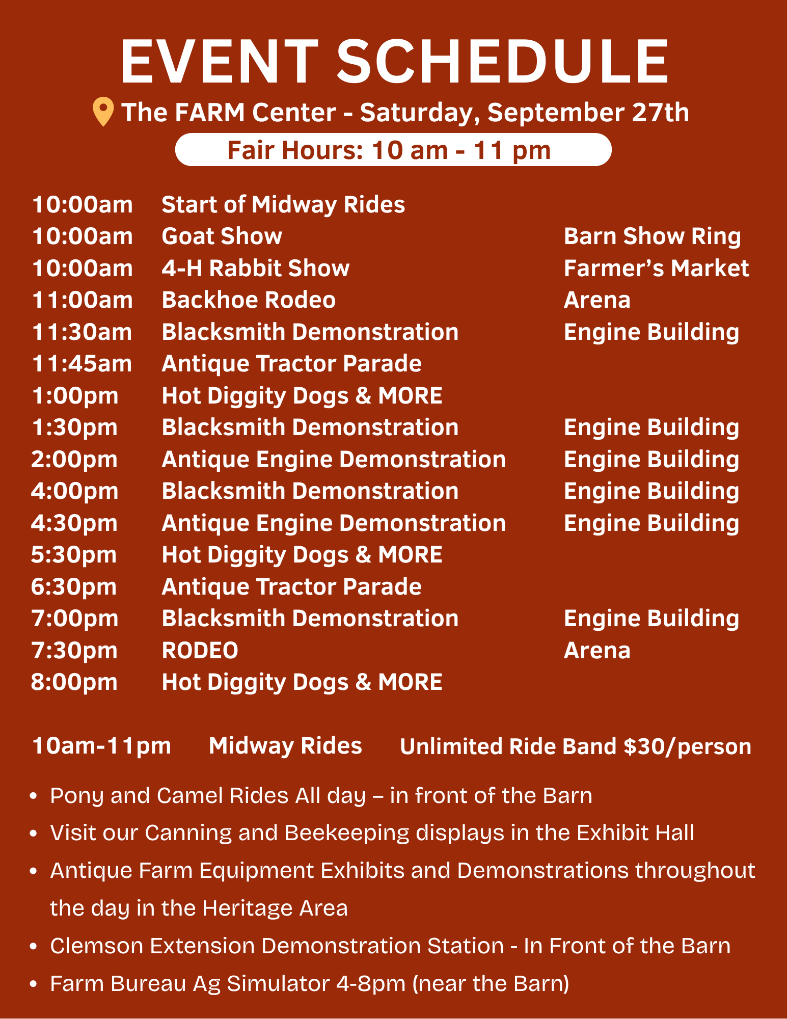 Event schedule poster for an agricultural fair at The FARM Center on Saturday, September 27th, listing times and activities such as shows, demonstrations, parades, rides, and food, with fair hours from 10 am to 11 pm.