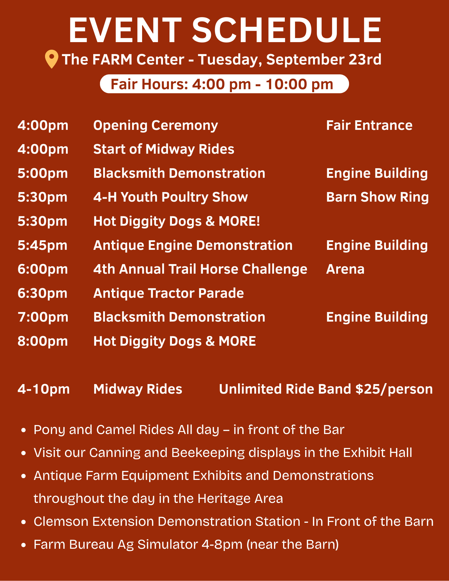 Event schedule poster for The Farm Center on September 23rd, from 4:00 pm to 10:00 pm, featuring activities like blacksmith demonstrations, poultry show, wagon rides, tractor parade, horse challenge, and food stands, with fair hours from 4:00 pm to 1