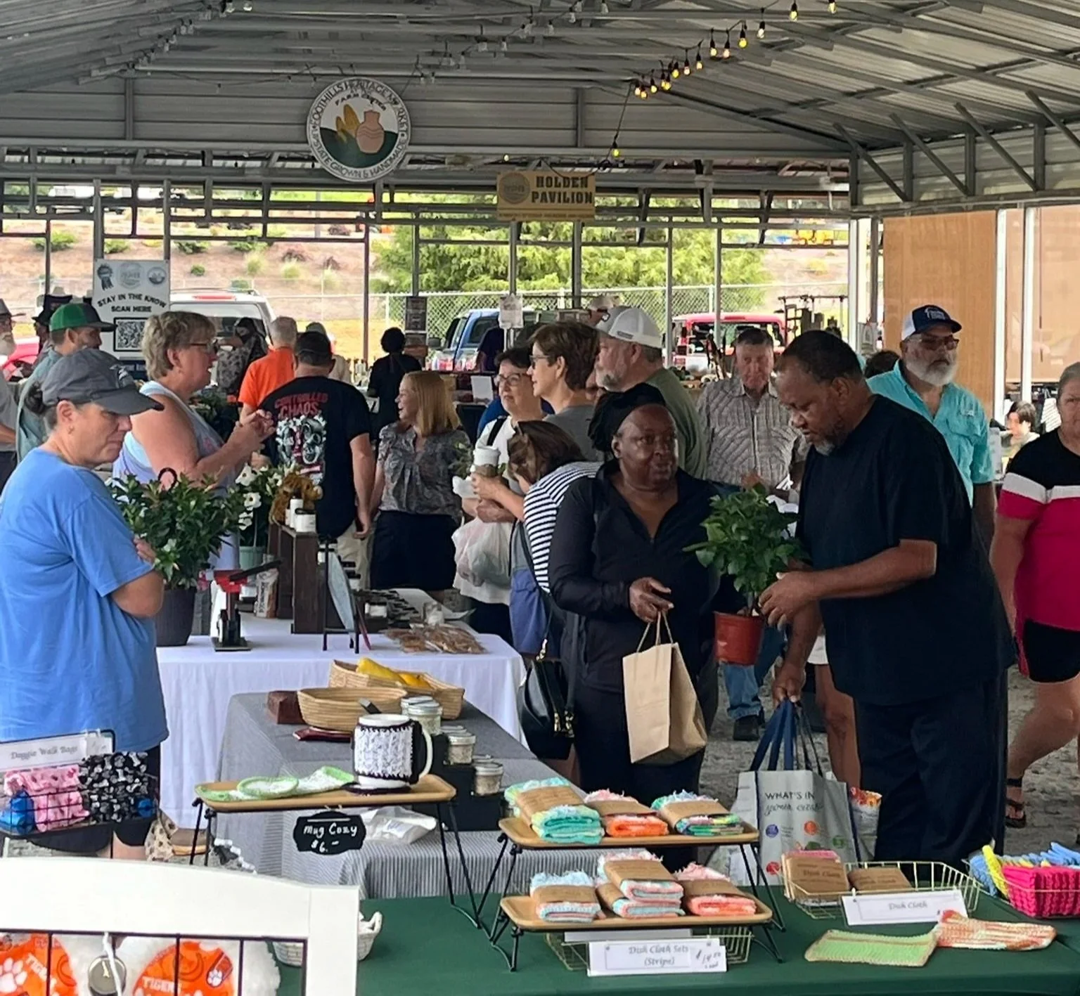 People shopping at a market stall with plants, handmade soaps, and accessories under a covered pavilion.