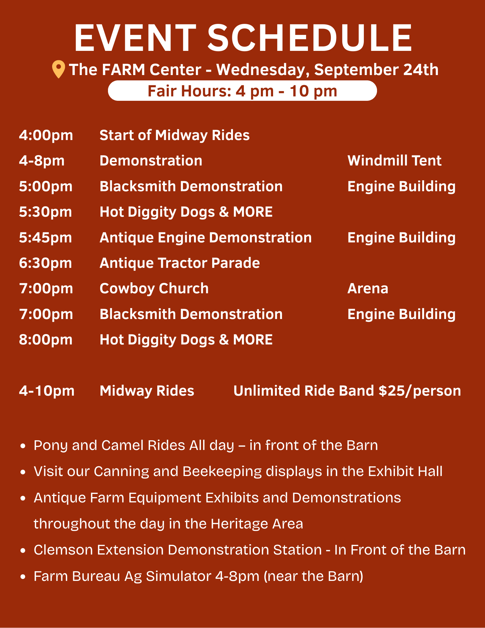 Event schedule for The FARM Center on September 24th, listing times and activities such as midway rides, demonstrations, antique tractor parade, cowboy church, and food. Also includes notes about pony and camel rides, exhibits, and demonstrations thr