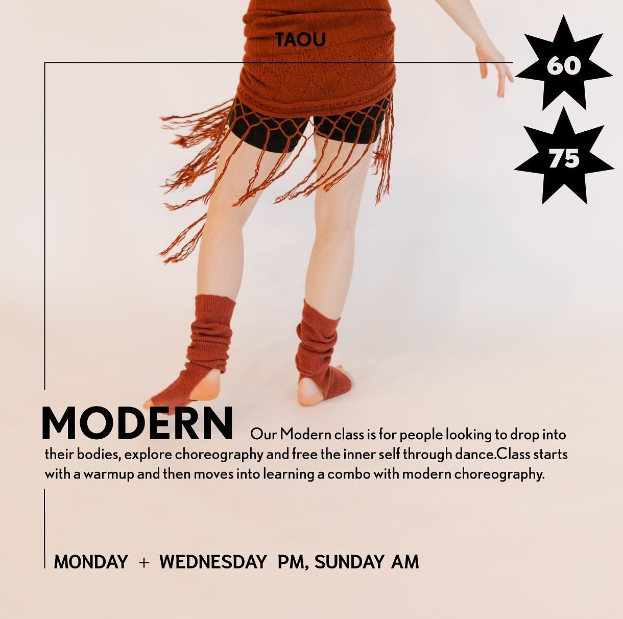 DANCE WITH US! Our Modern class is for people looking to drop into their bodies, explore choreography and free the inner self through dance.
 
Class starts with a warmup and then moves into learning a combo with modern choreography. All levels welcom