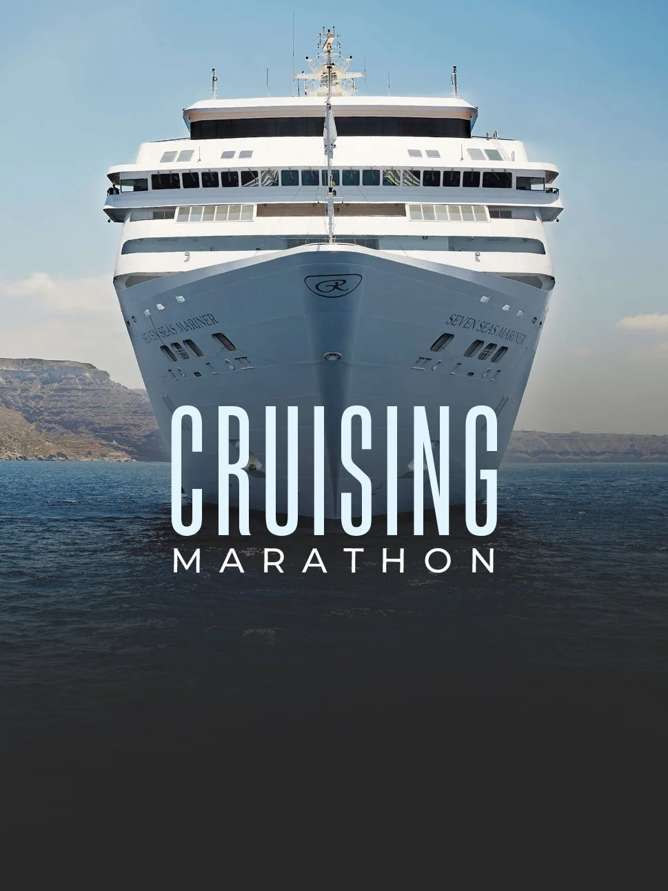 Front view of a large white cruise ship on the water with the text 'Cruising Marathon' overlaid.