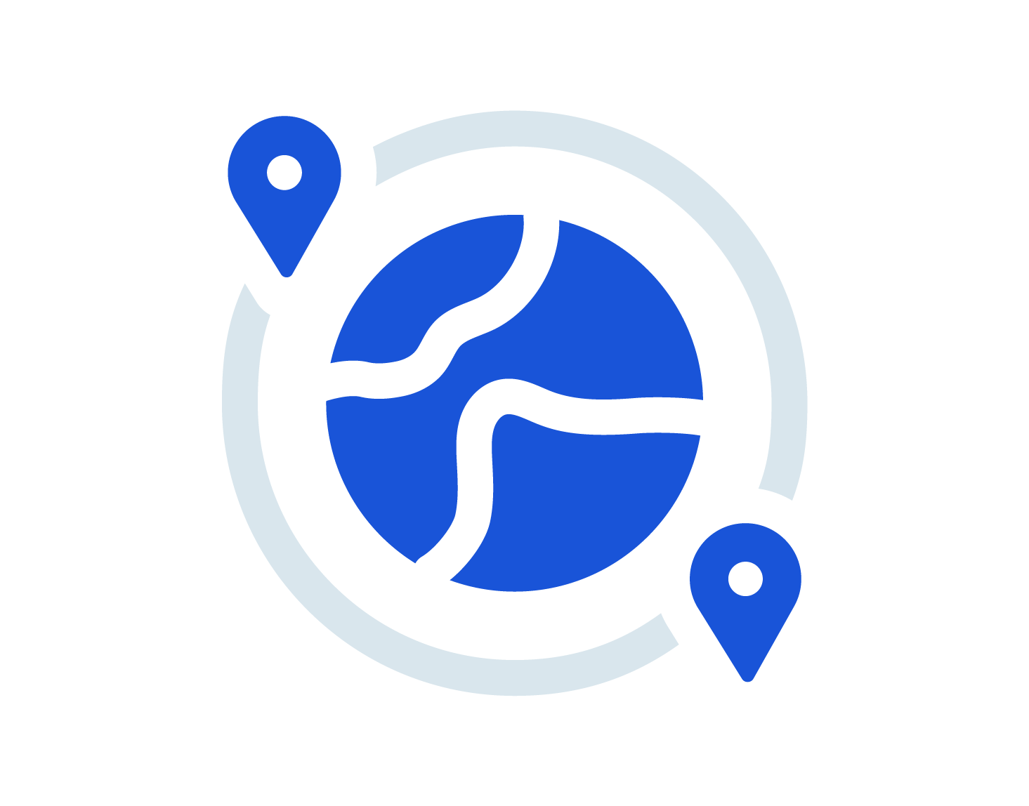 Map icon with two location pins surrounding a globe.