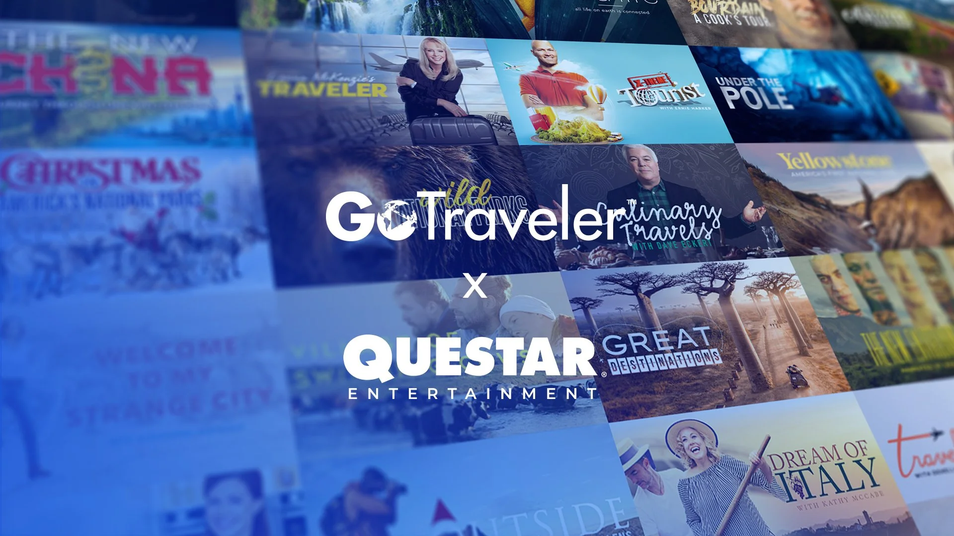 Collage of travel and entertainment content featuring various show covers and images, with the overlay text 'GoTravelertm x QUESTAR ENTERTAINMENT'.