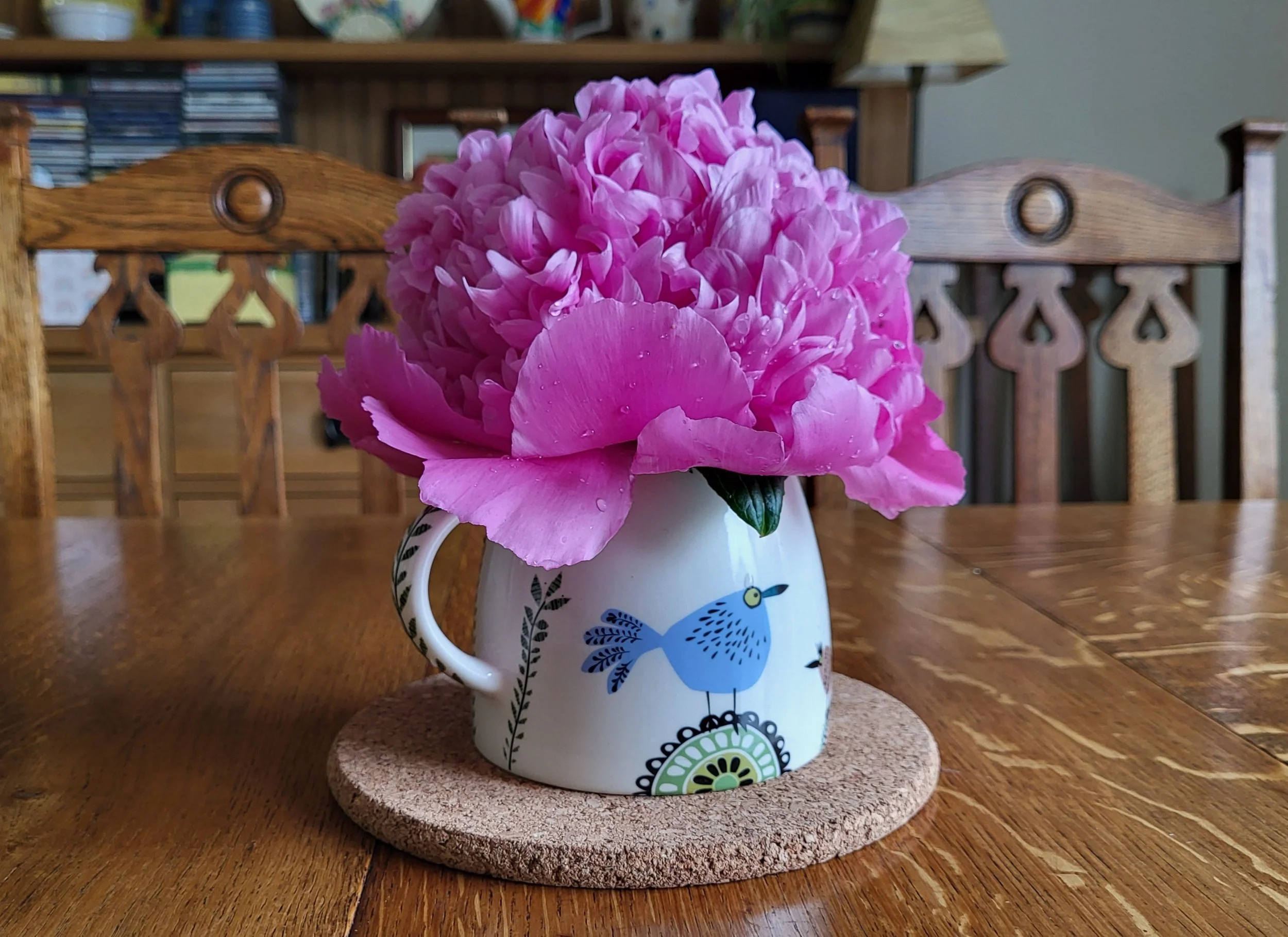 A single pink peony in a jug with a bird motif, on a wooden dining table