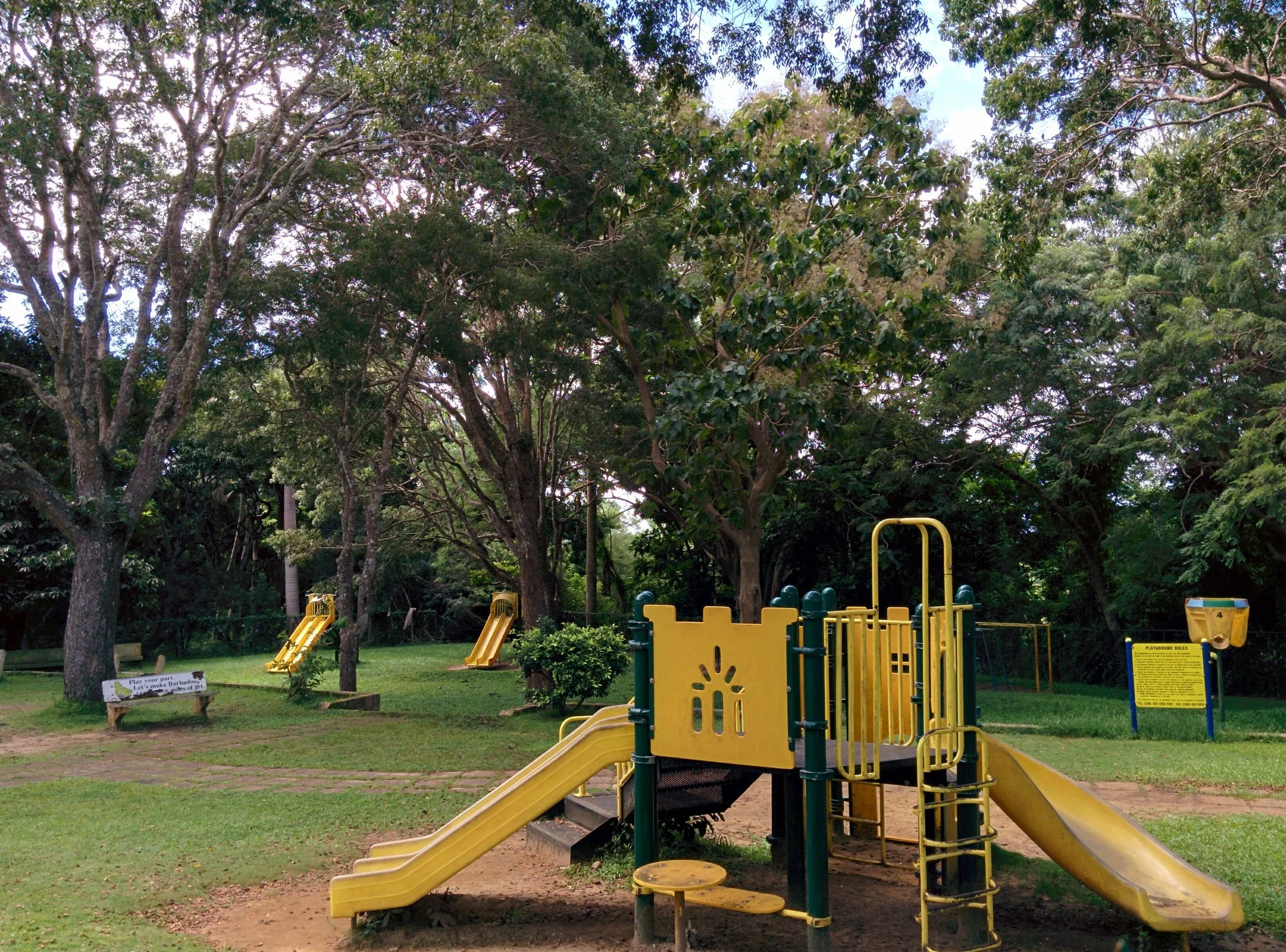 Bright yellow slide and jungle gym beneath tall mahogany trees at the Farley Hill National Park playground in St. Peter, Barbados.