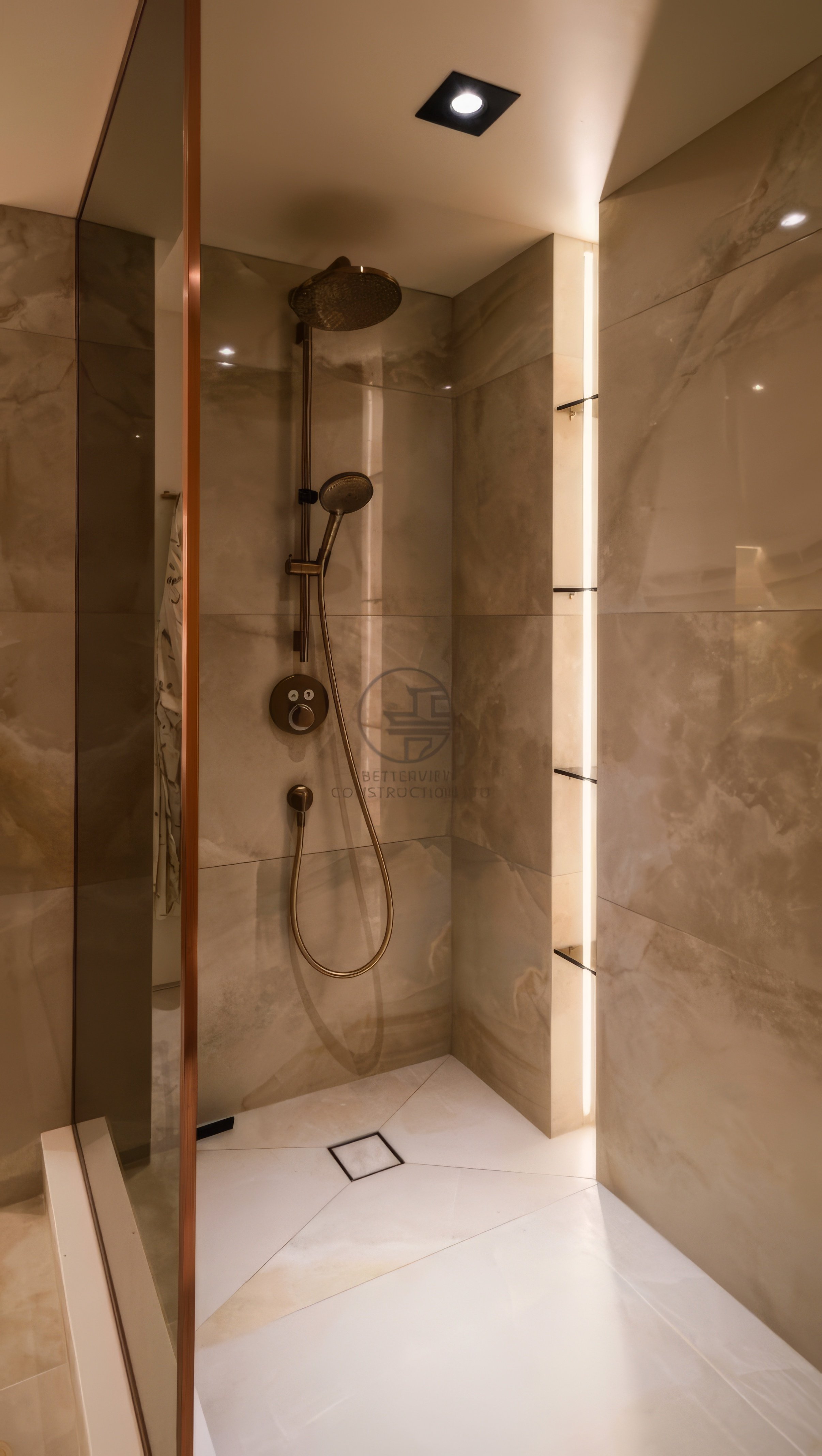 modern marble walk-in shower with glass enclosure