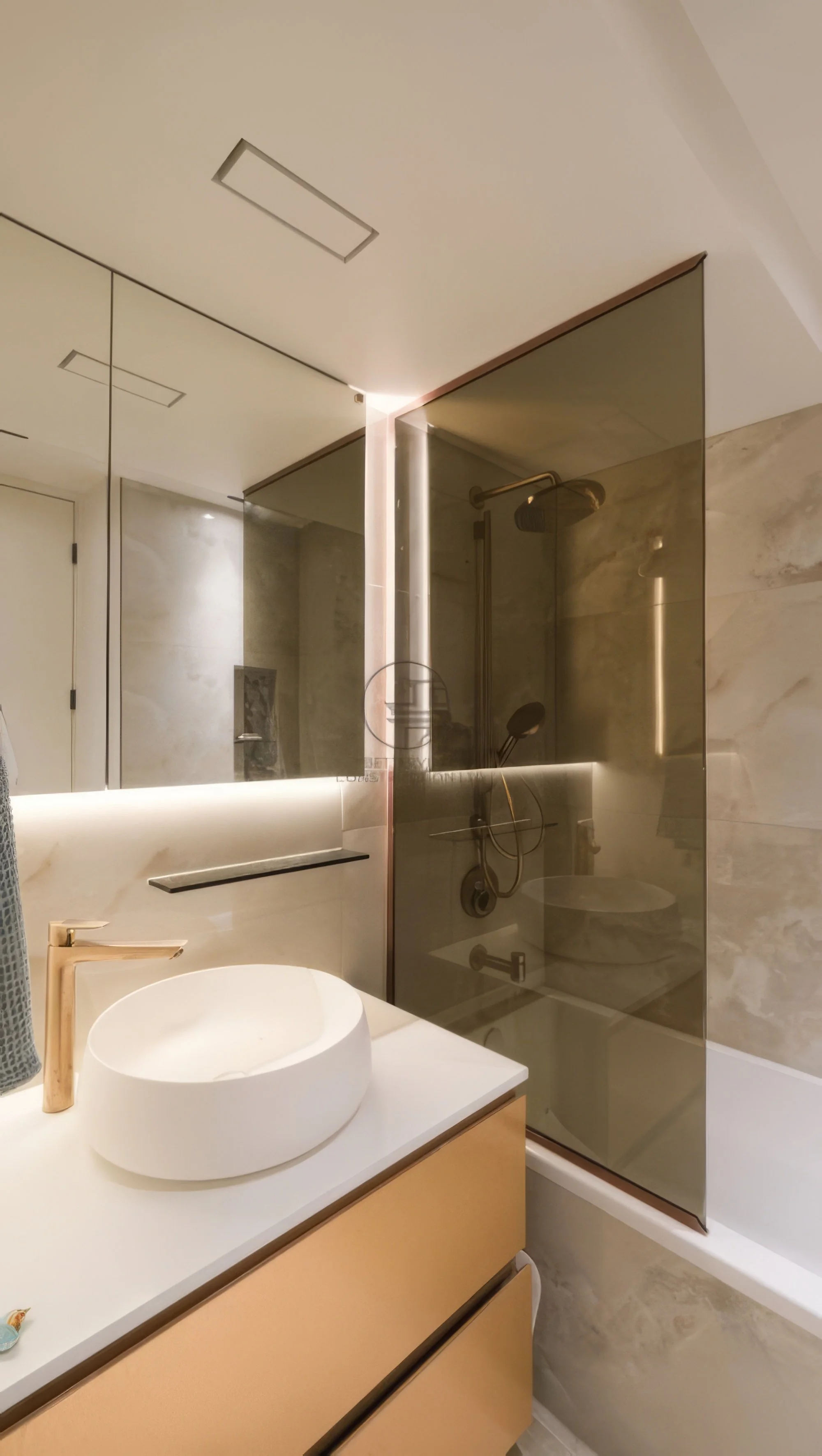 modern bathroom vanity with vessel sink and glass shower bathtub