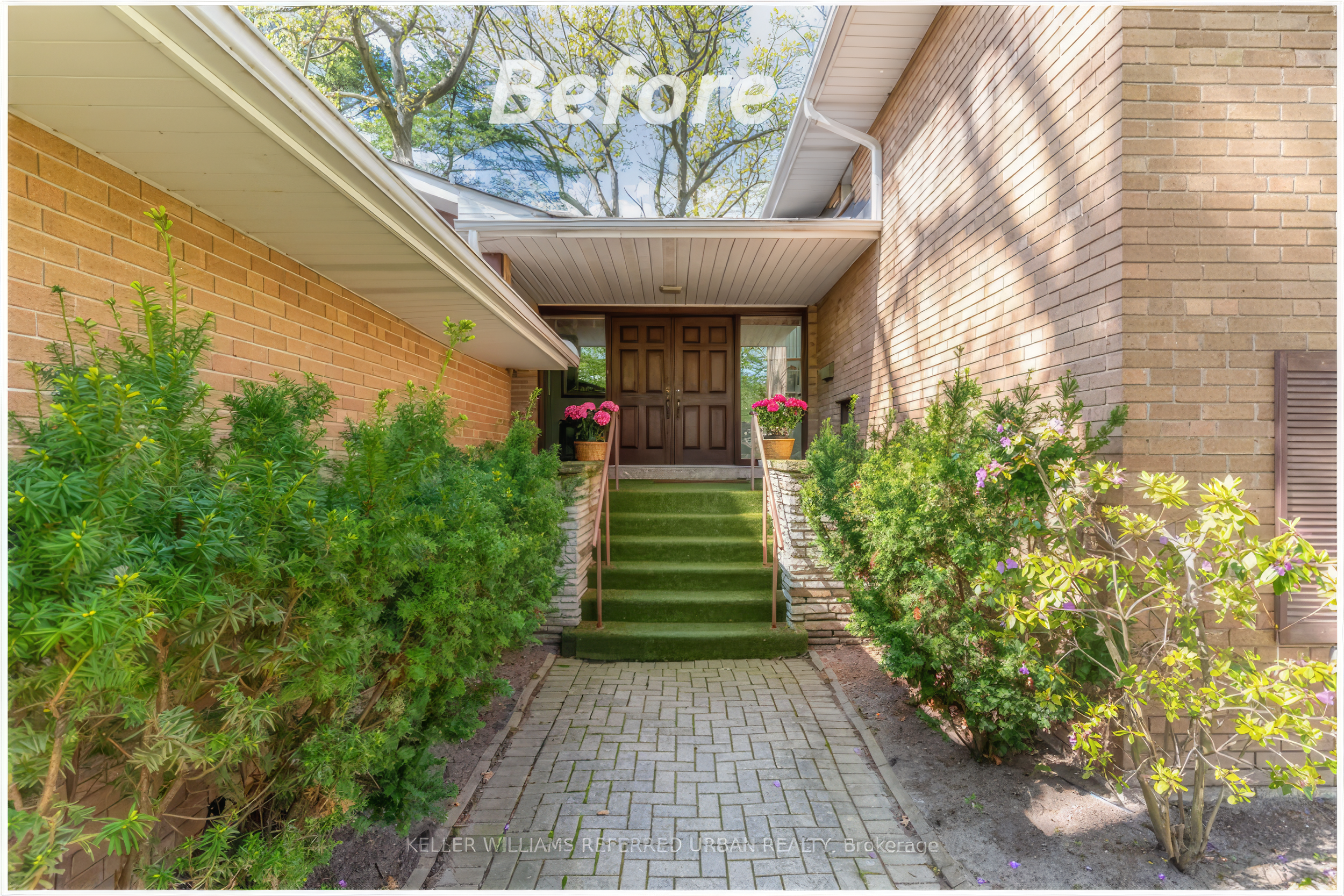 home exterior entrance before renovation with brick facade and front walkway