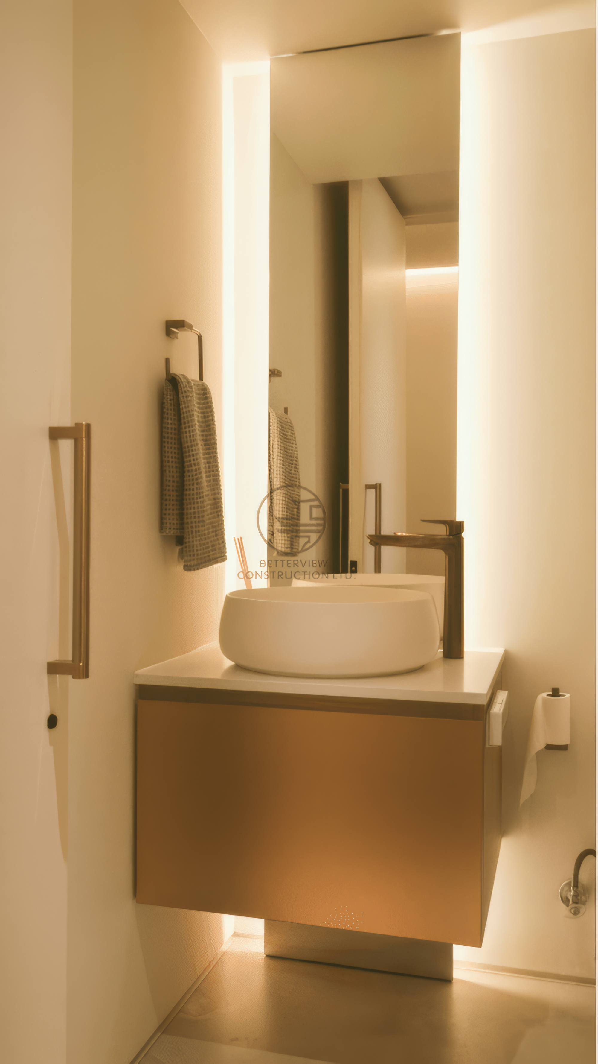 modern powder room with floating vanity and vessel sink