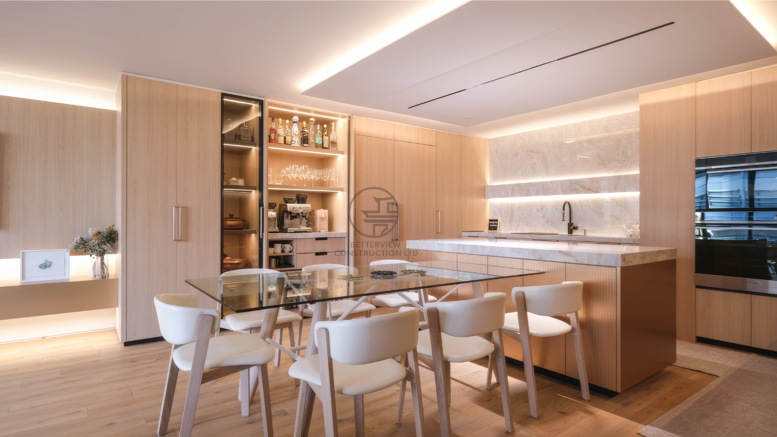 modern open concept kitchen with island and custom cabinetry