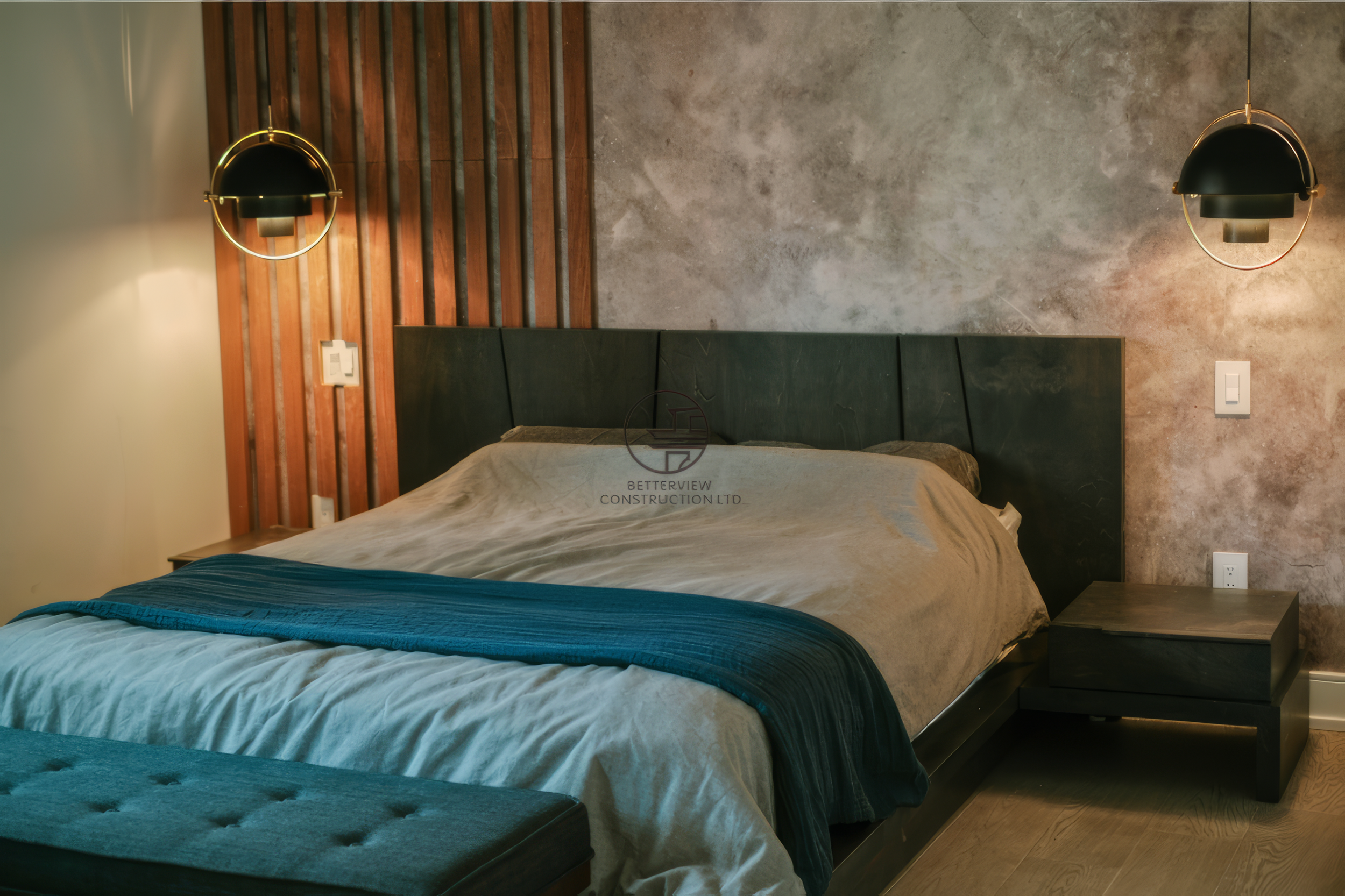 Modern bedroom renovation with wood slat accent wall, textured feature wall, and contemporary lighting in a Toronto home.