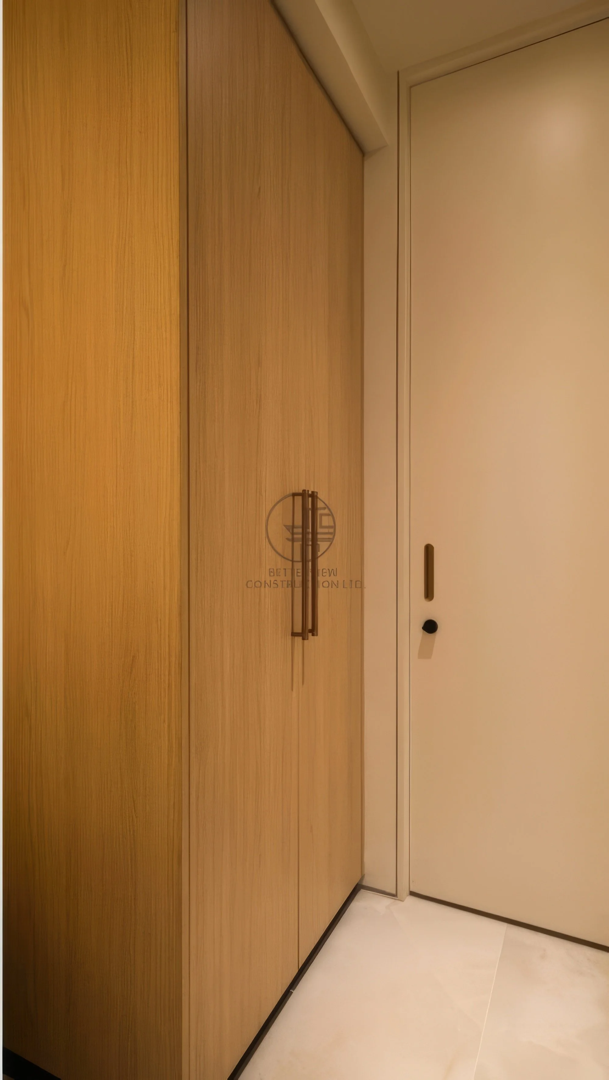 minimalist entryway with custom built-in cabinetry and concealed door