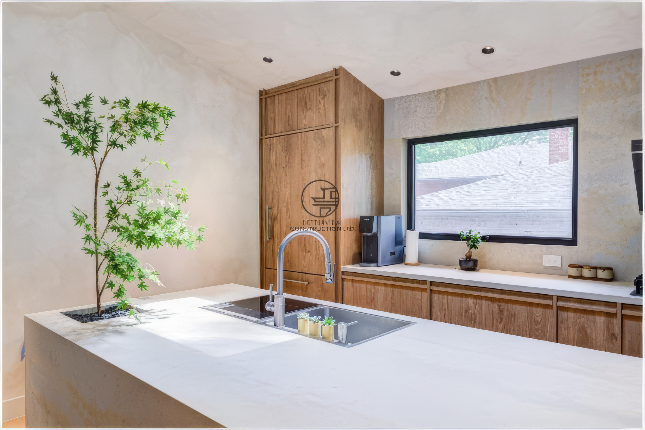 modern kitchen island with sink and wood cabinets