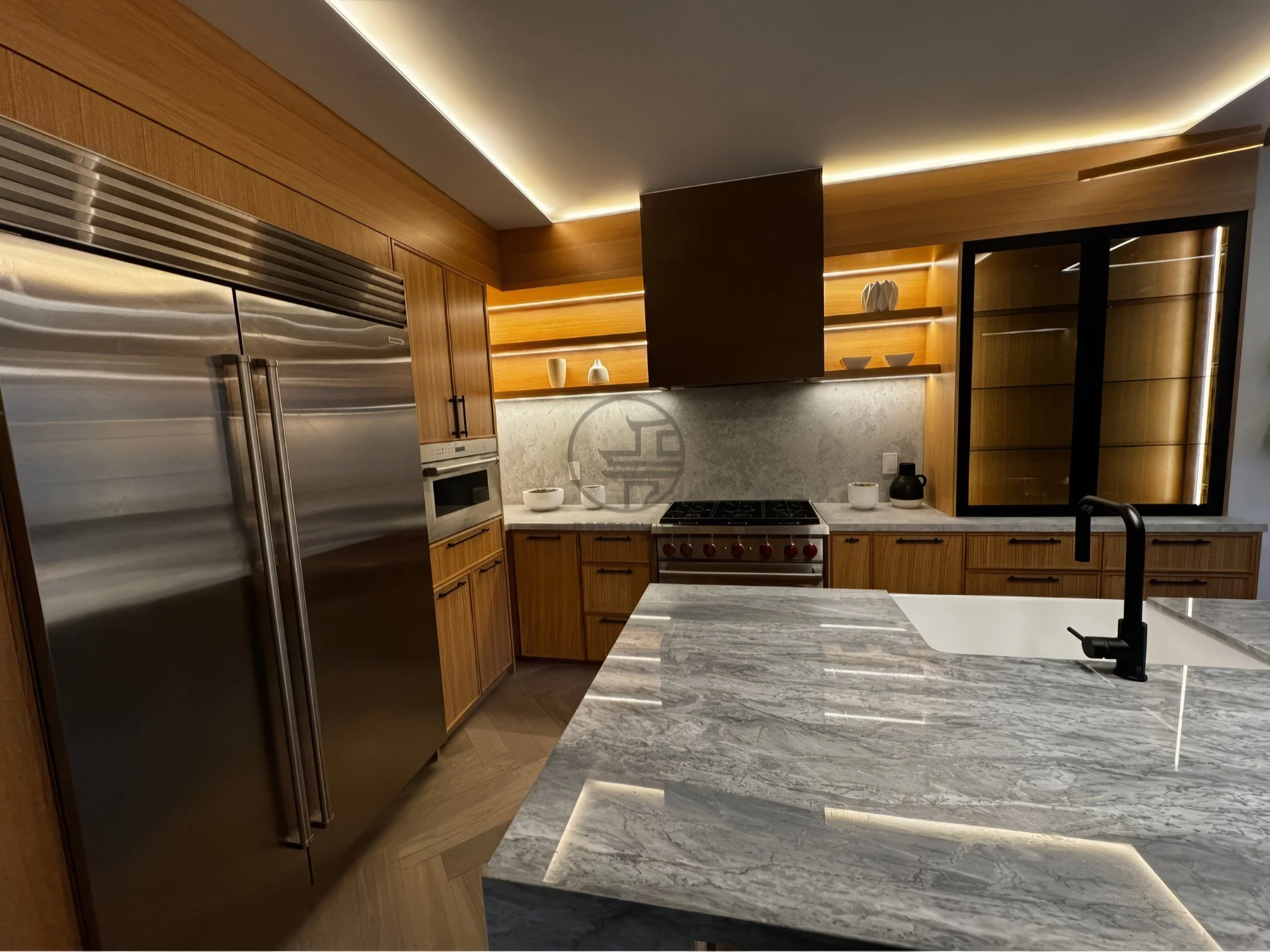 Modern kitchen with marble island countertop, stainless steel refrigerator, wood cabinetry, open shelving, and warm LED accent lighting.