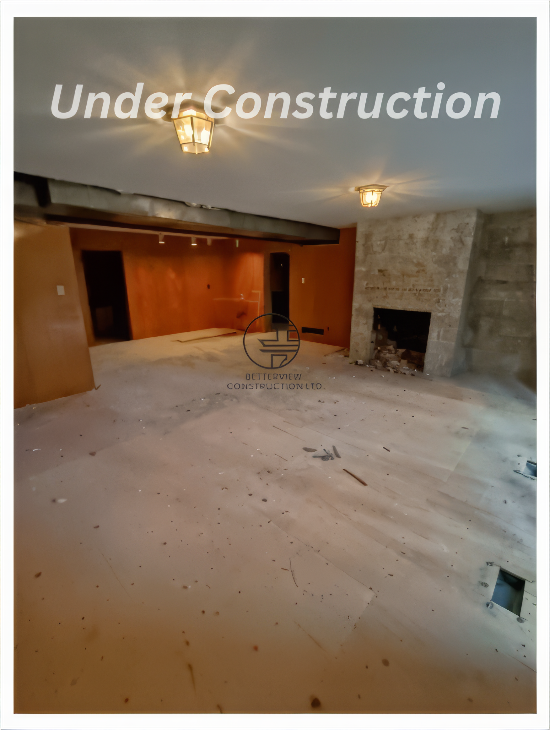 living room renovation under construction with exposed floor and fireplace