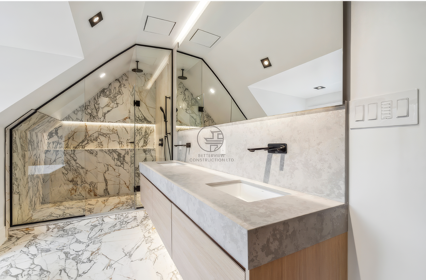 Luxury bathroom with double vanity, marble flooring, glass shower enclosure, sloped ceiling, and modern fixtures in a high-end home renovation project