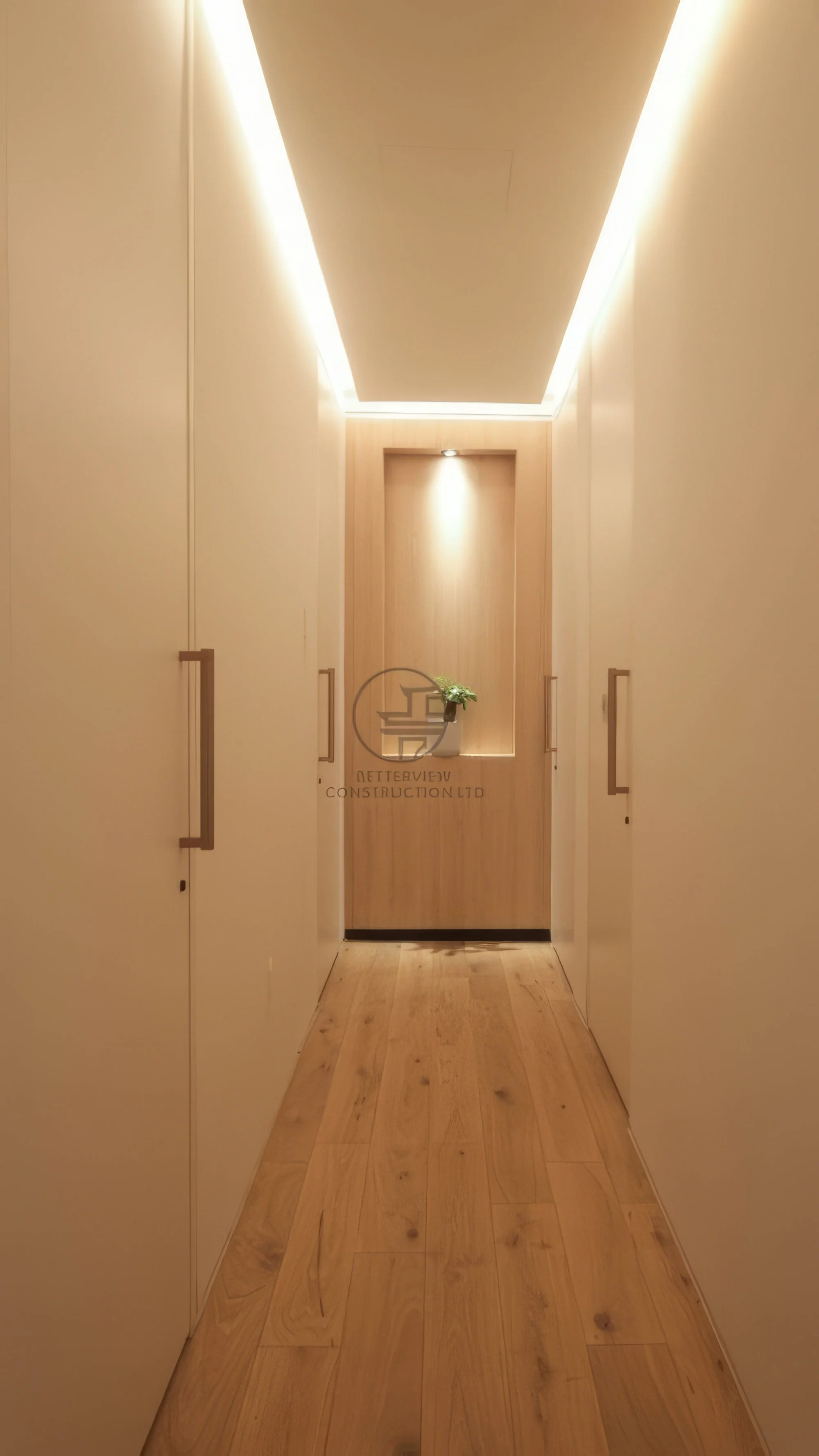 modern minimalist hallway with LED ceiling strip lighting and wood flooring