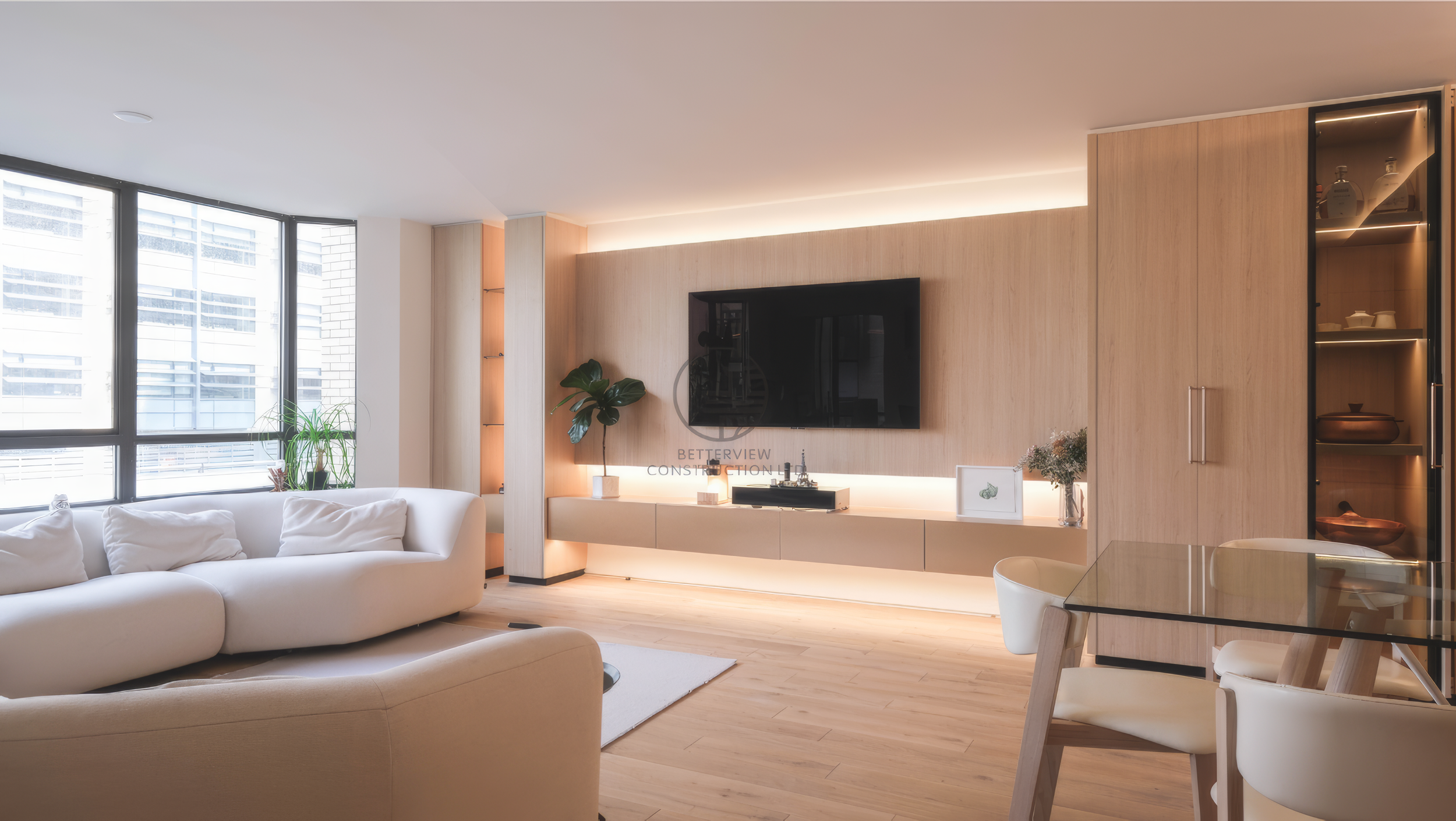 modern living room with custom TV wall unit and LED lighting