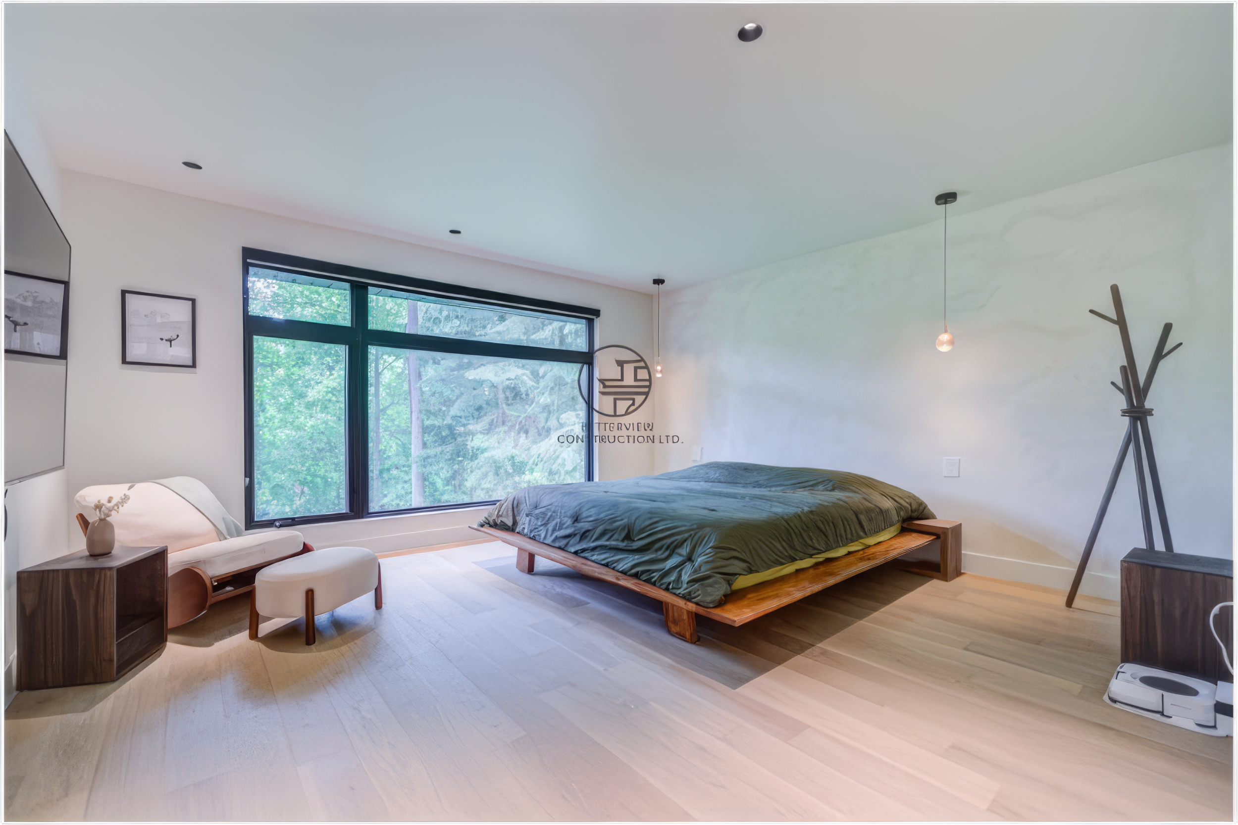 modern master bedroom with large window and minimalist design after home renovation