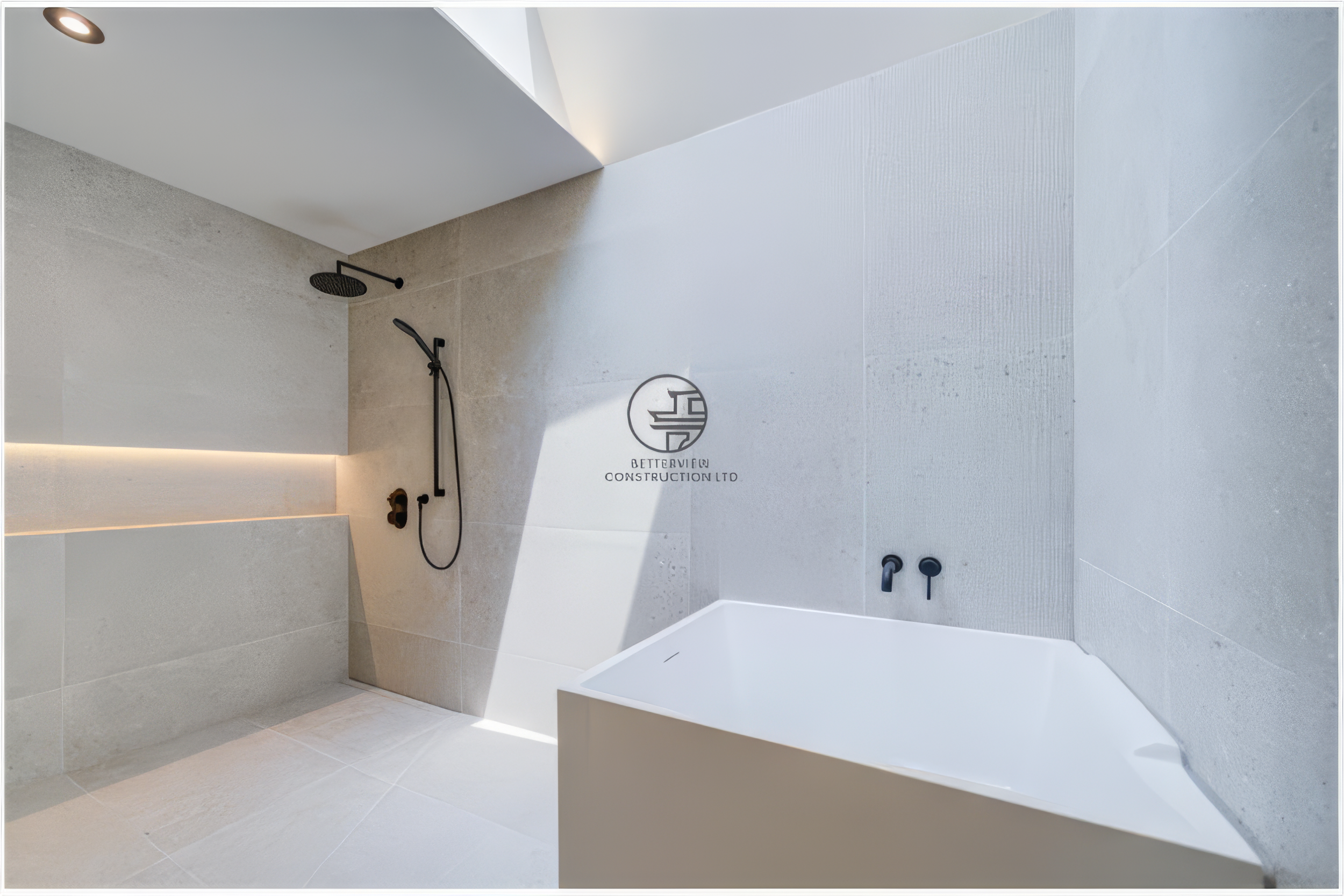 modern walk in shower and bathtub in minimalist bathroom renovation