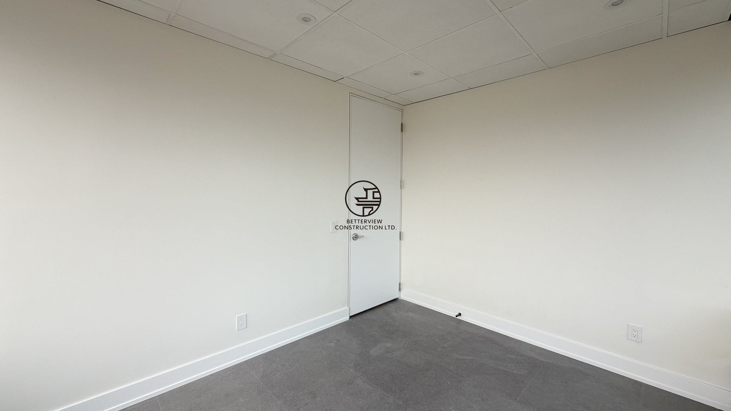 Empty private office room with carpet flooring, drop ceiling, and clean modern interior after renovation
