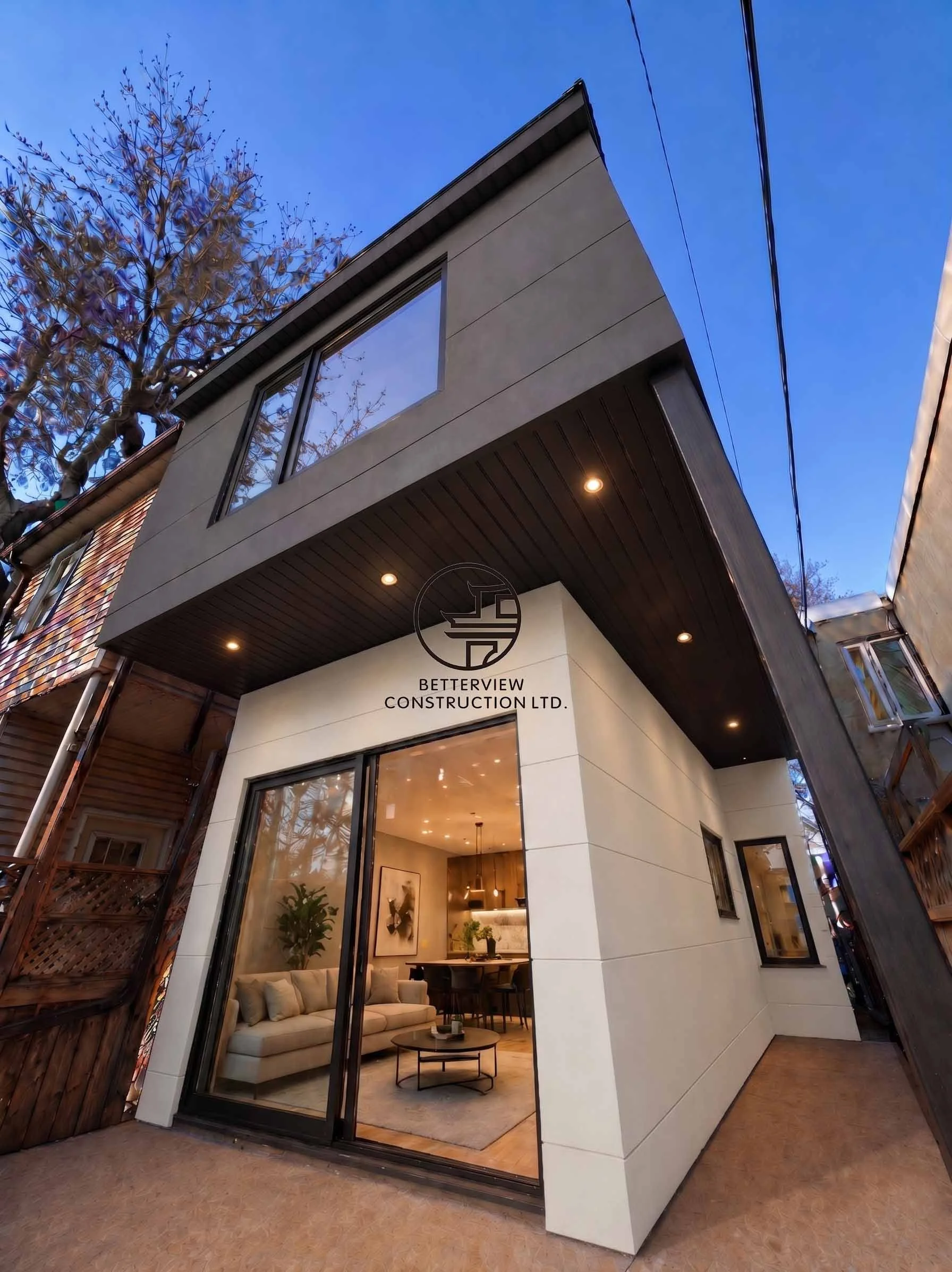 Clean and modern stucco exterior finish completed by Betterview Construction Ltd., highlighting precision detailing, soffit lighting, and contemporary architectural design for residential renovation projects in the Greater Toronto Area.