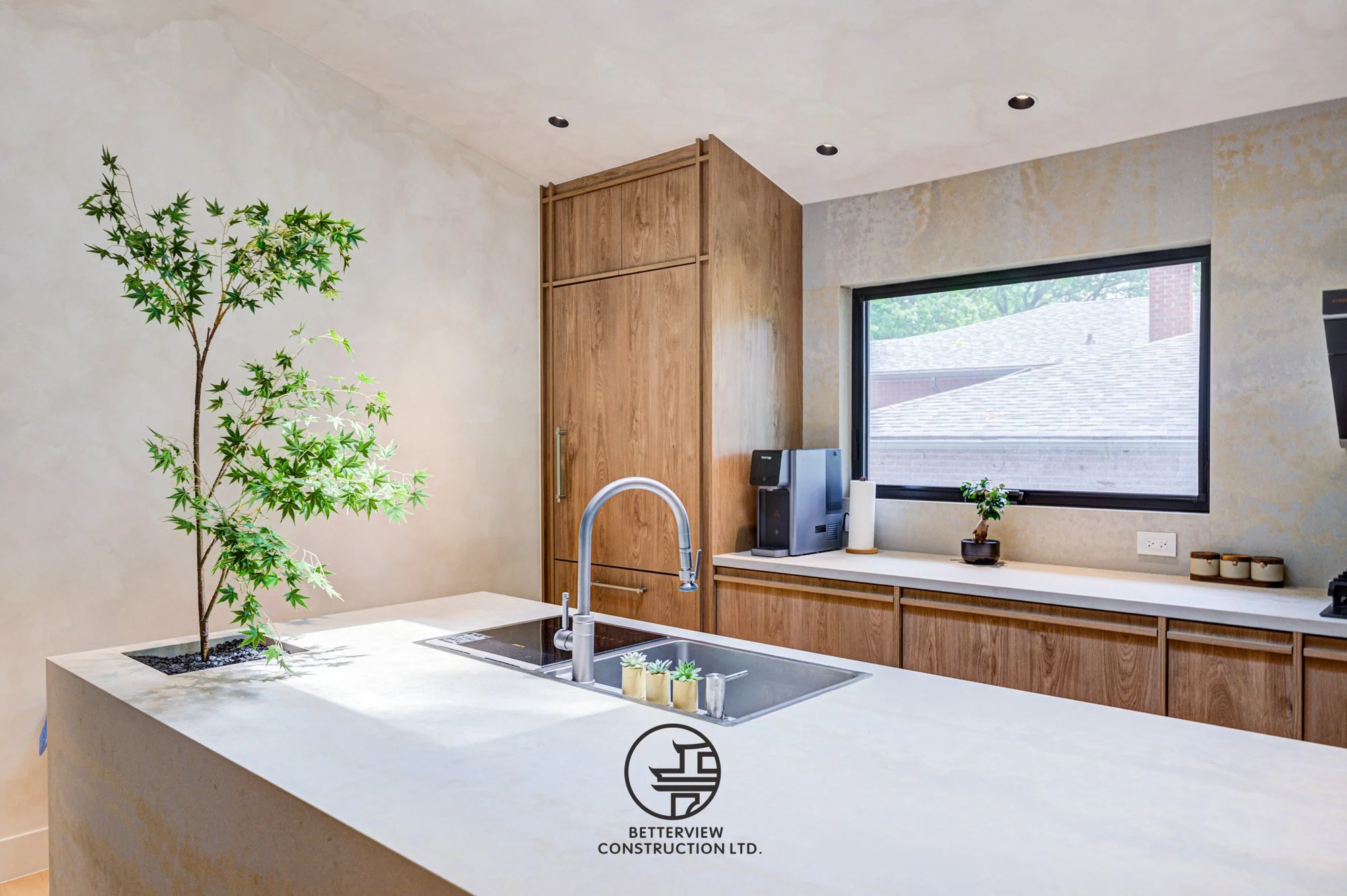 modern kitchen island with sink and wood cabinets
