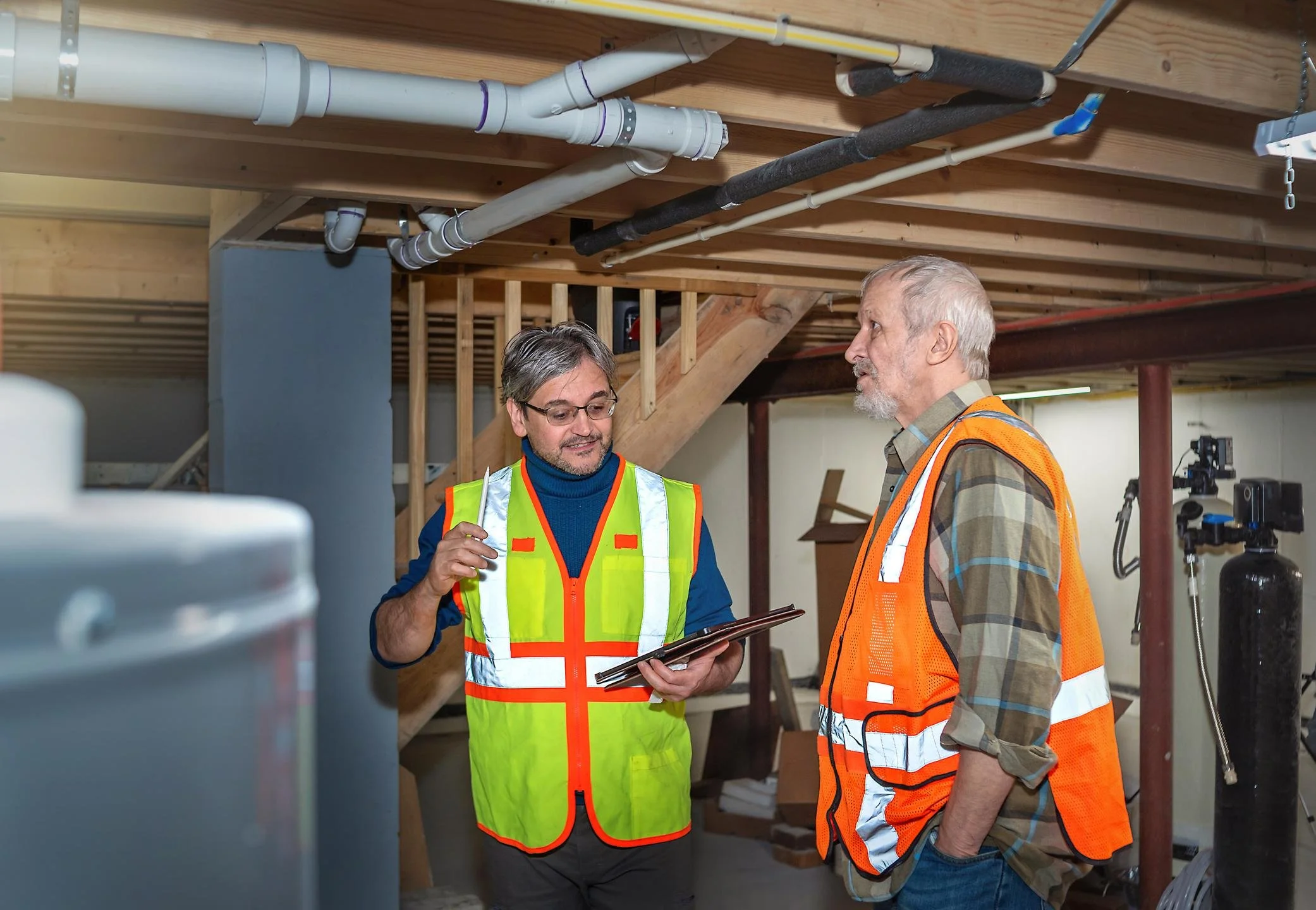 Two men in construction vests and safety gear discussing in an unfinished basement with exposed pipes and wooden framing.
