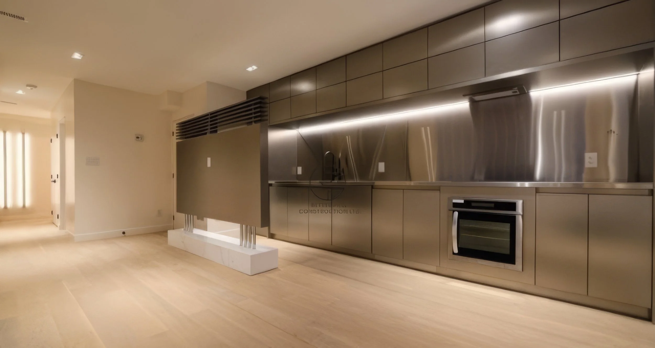 Luxury kitchen renovation in Toronto featuring stainless steel cabinets, integrated appliances, and modern lighting design