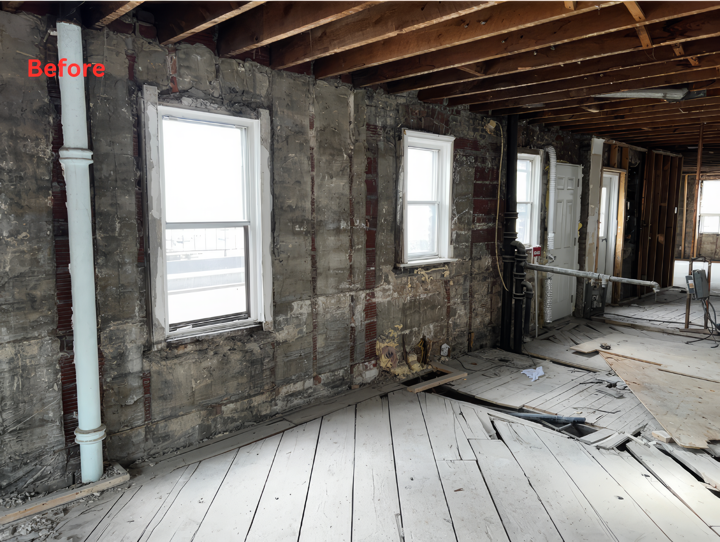 Before home renovation in Toronto showing exposed structural walls, old brick surfaces, and deteriorated interior condition
